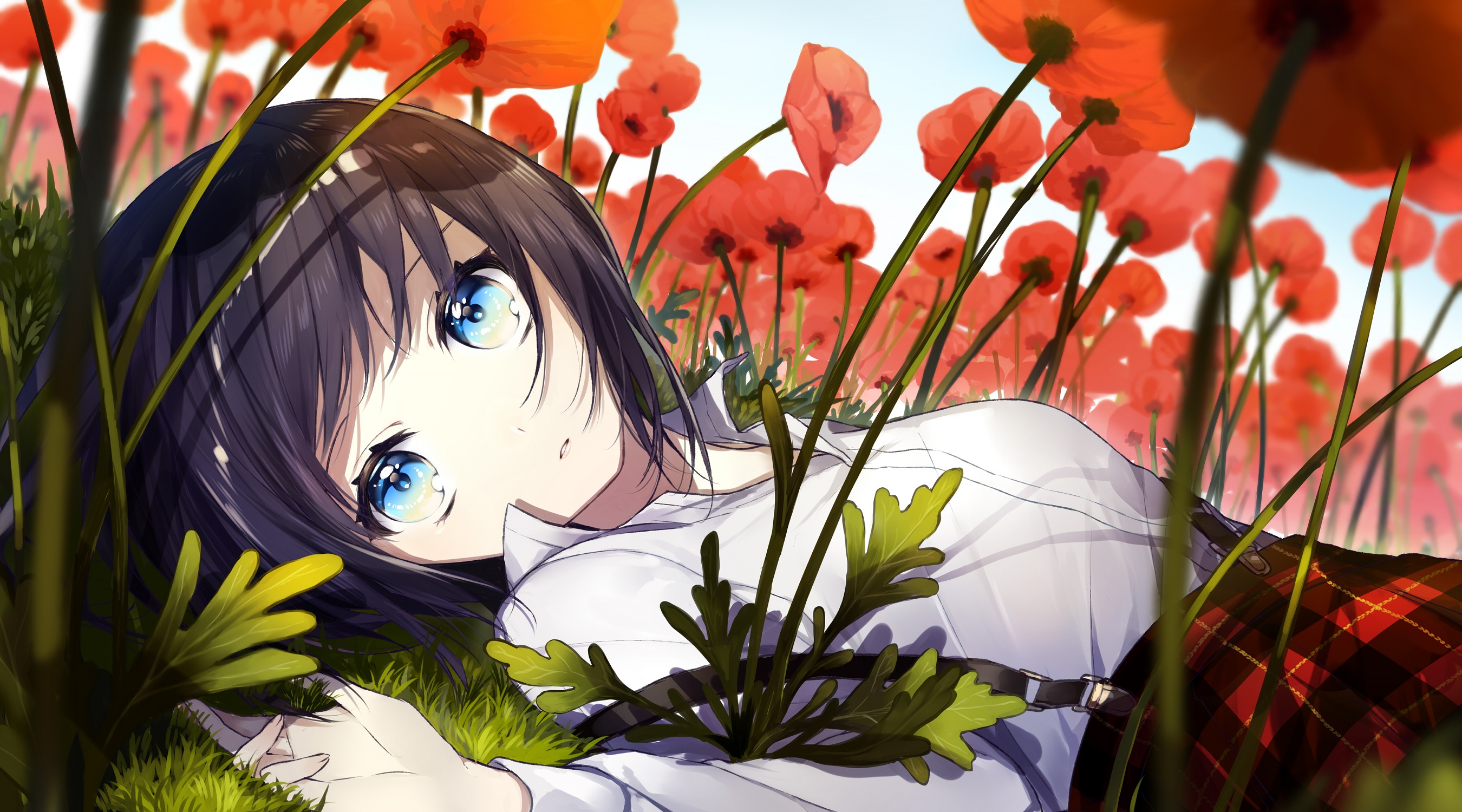 Anime 2700x1500 anime anime girls blue eyes dark hair flowers red flowers