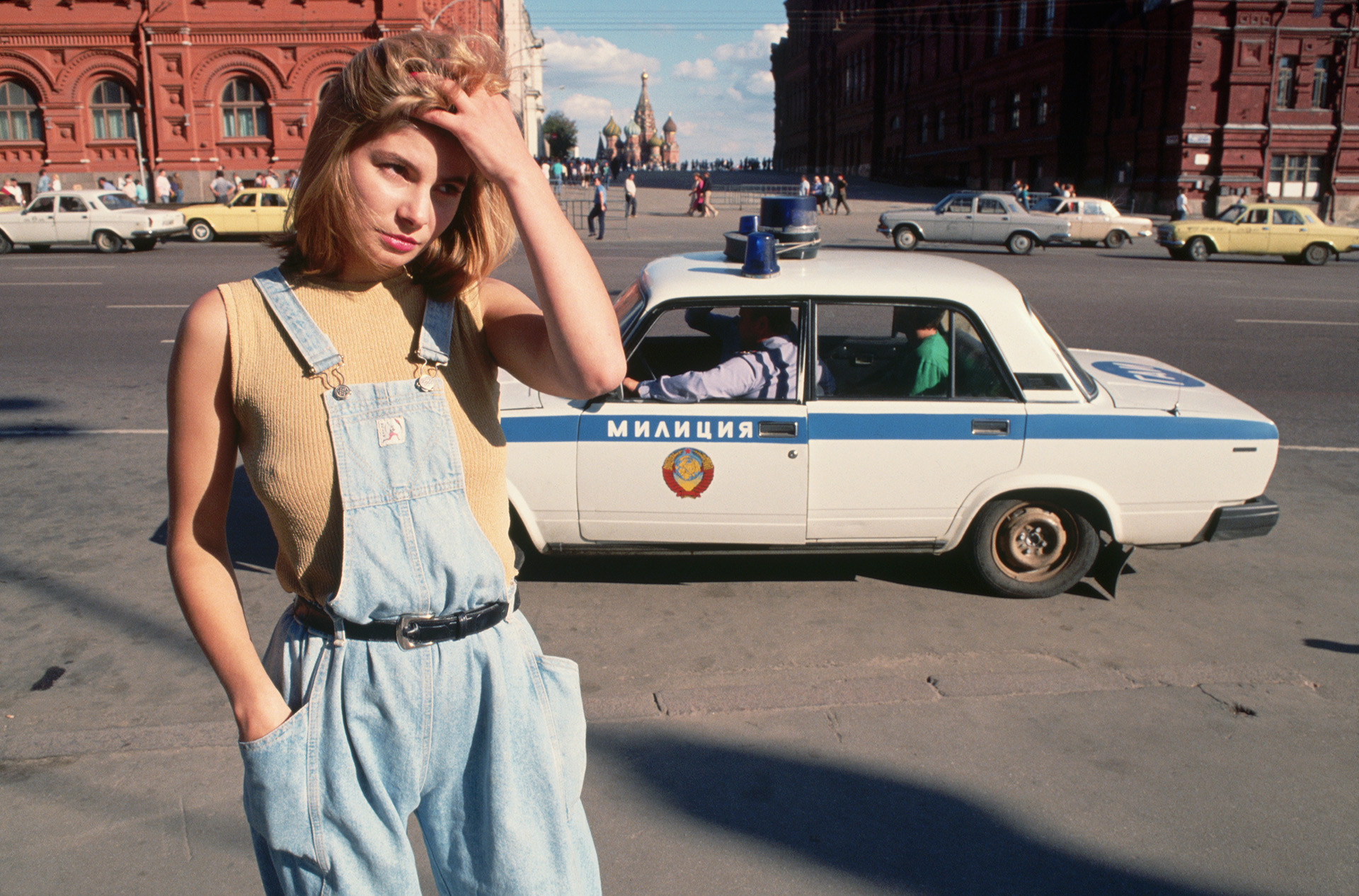 People 1920x1266 women police Moscow USSR overalls blonde hands in hair sunlight bare shoulders standing women outdoors nipple bulge car LADA GAZ GAZ-24 Volga