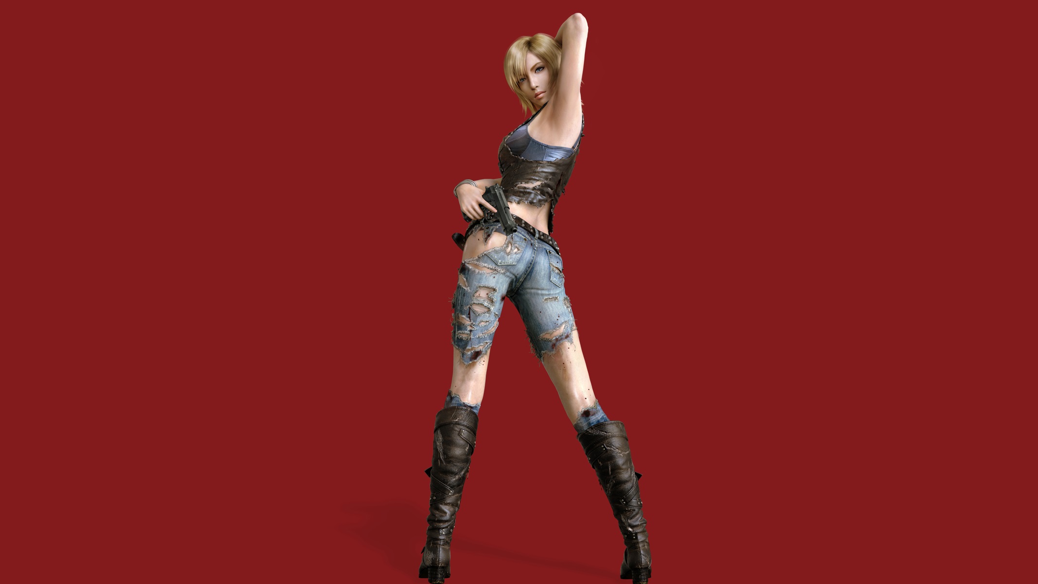 General 2134x1200 Parasite Eve women video games ass gun arms up simple background blonde red background torn jeans boots girls with guns standing video game art video game girls armpits The 3rd Birthday digital art