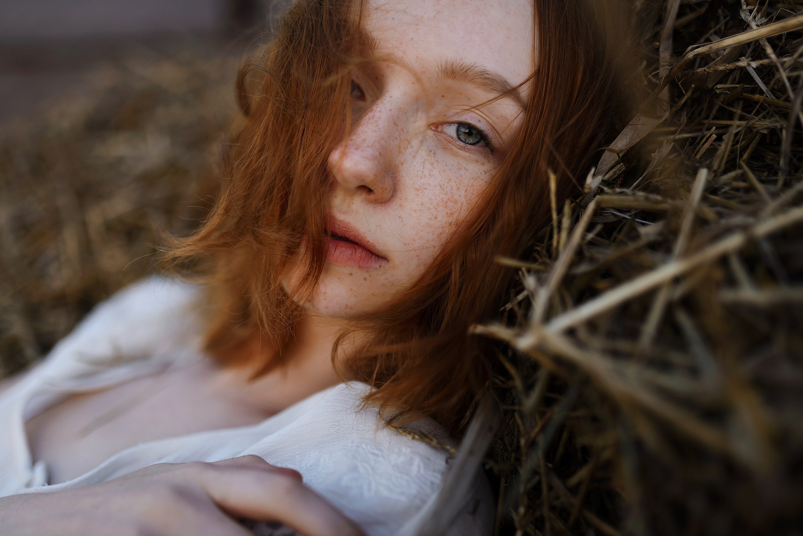 People 2560x1709 women model redhead looking at viewer hair in face face freckles straw outdoors women outdoors gray eyes portrait bokeh Aleks Five closeup