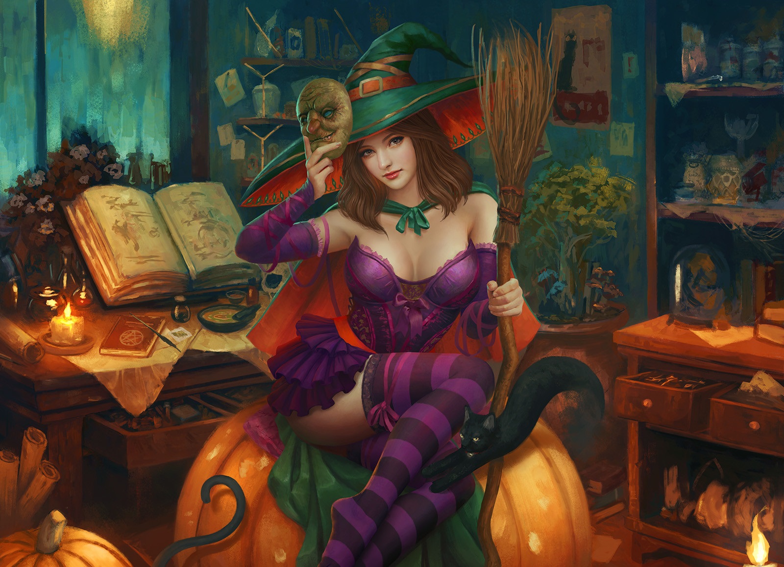 General 1600x1158 digital art women redhead witch mask broom fantasy art artwork painting Mario Wibisono Halloween cleavage cats looking at viewer illustration fan art purple dresses pumpkin colorful costumes stockings purple stockings corset