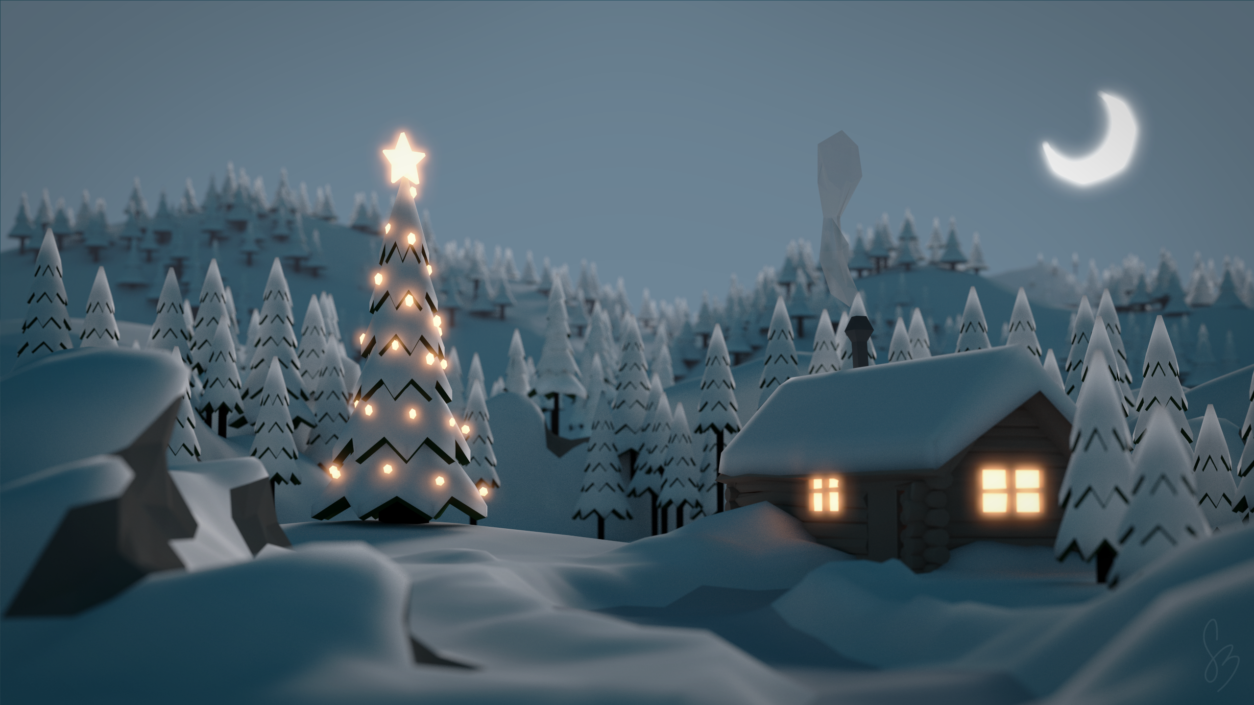 General 2560x1440 winter snow digital art hut Moon Christmas trees crescent moon Christmas tree night