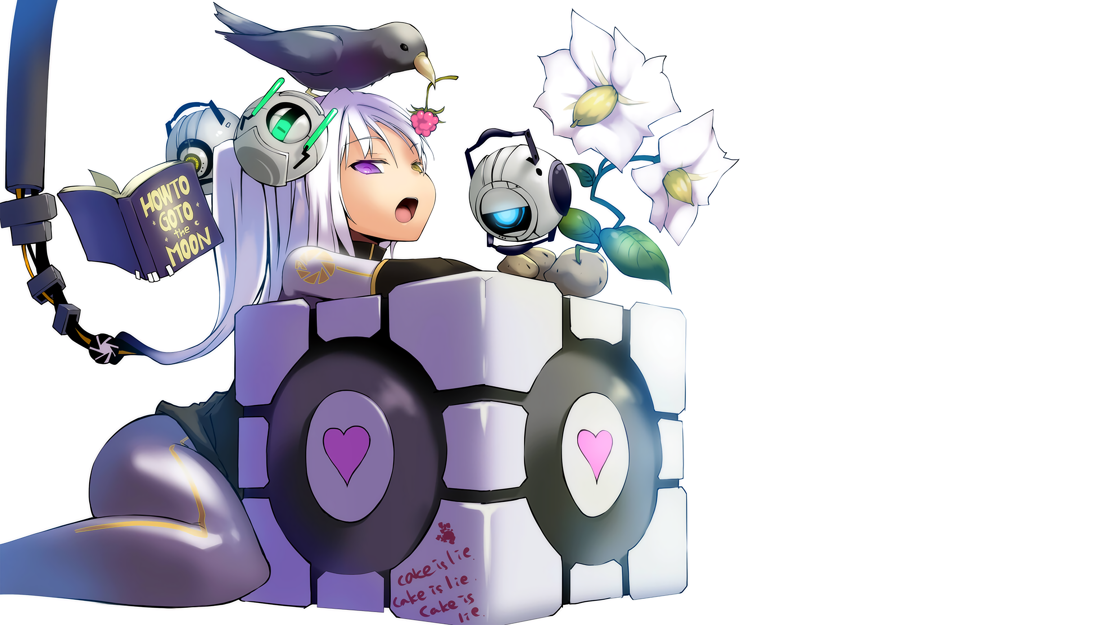 Anime 3840x2160 anime anime girls white skin simple background Portal (game) Companion Cube white background Aperture Laboratories humor GLaDOS 3D Blocks open mouth birds books video games video game art PC gaming video game girls