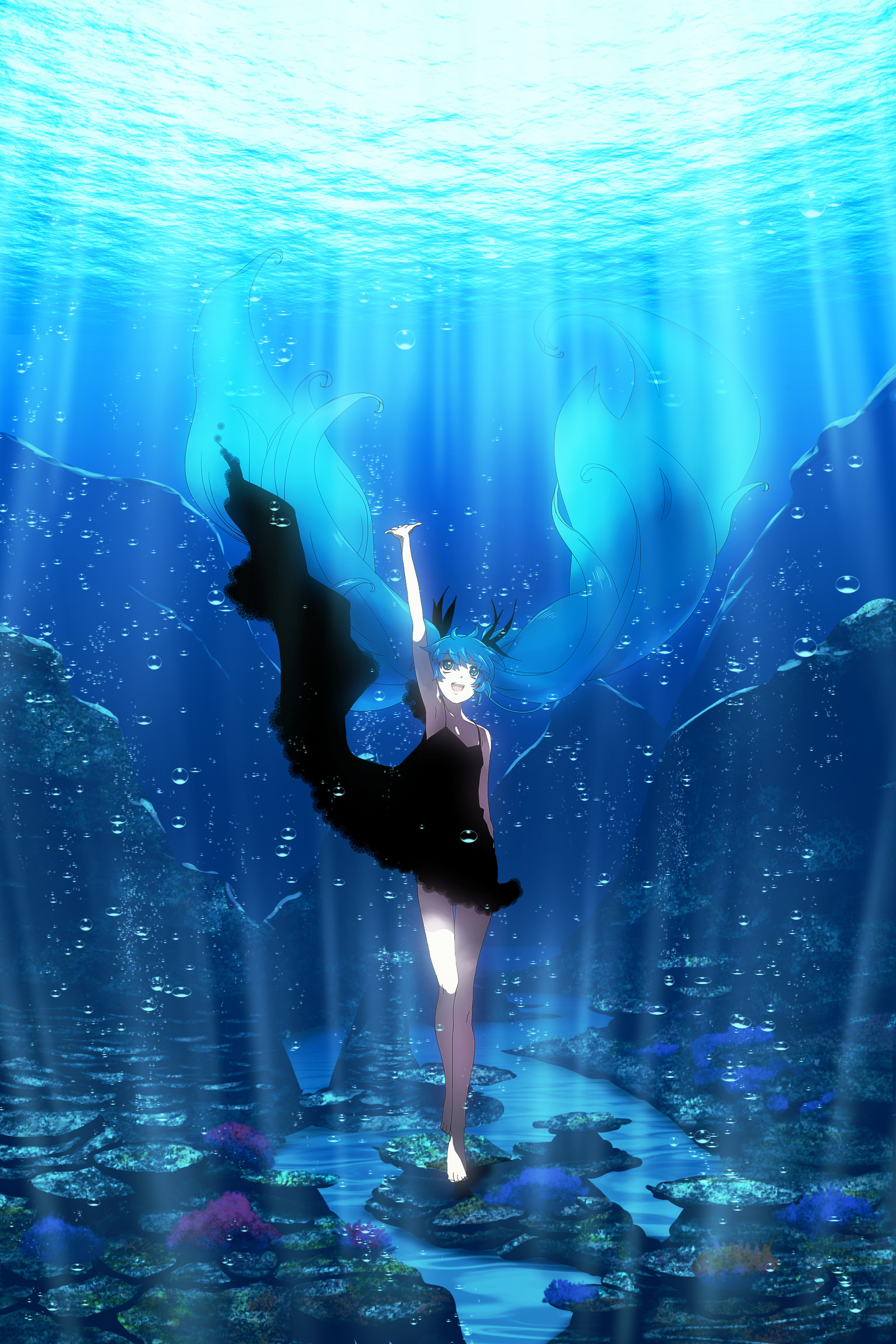 Anime 1600x2400 anime girls deep sea anime underwater water dress black dress arms up women standing Pixiv