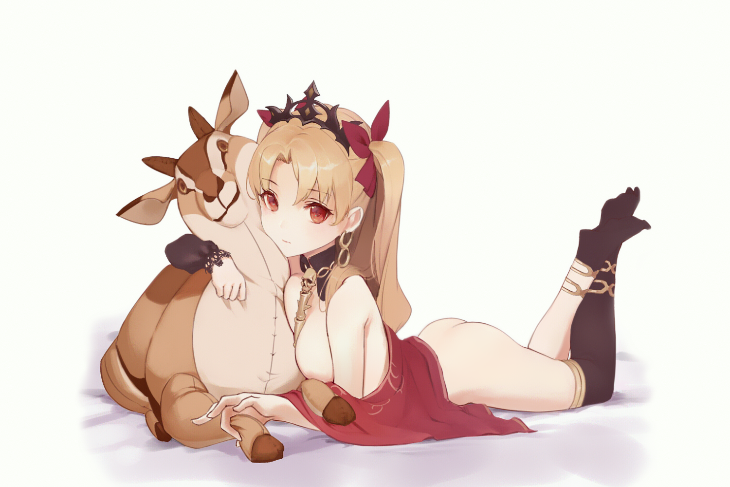 Anime 1500x1000 Ereshkigal (Fate/Grand Order) Fate/Grand Order Fate series anime girls blonde twintails long hair crown hair bows cloth nude strategic covering boobs ass lying on front red eyes looking at viewer teddy bears feet in the air simple background fan art artwork digital art drawing 2D illustration Anou anime missing sock small ass