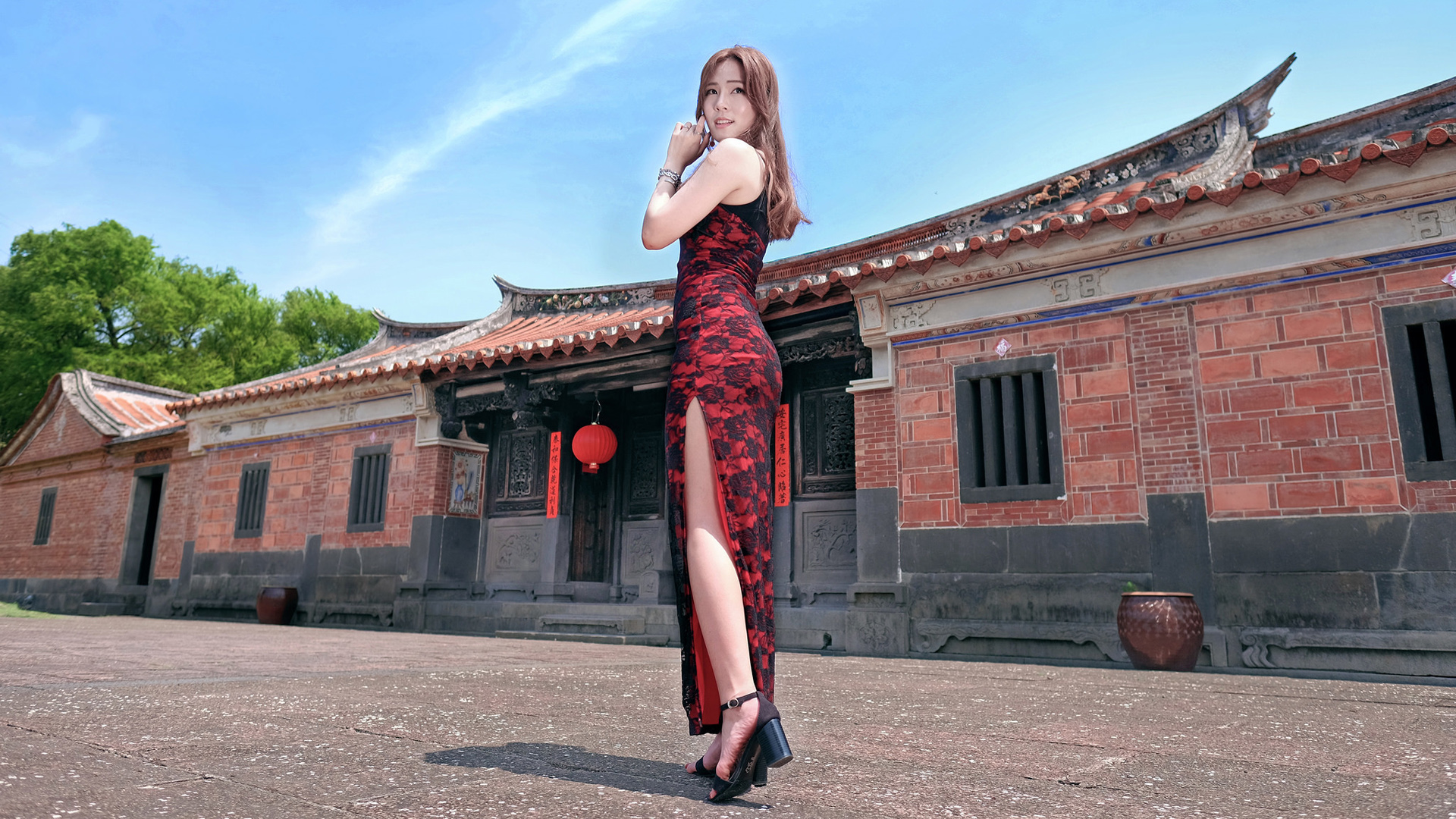 People 1920x1080 women model Asian heels feet high cut dress red dress long hair looking over shoulder women outdoors brunette