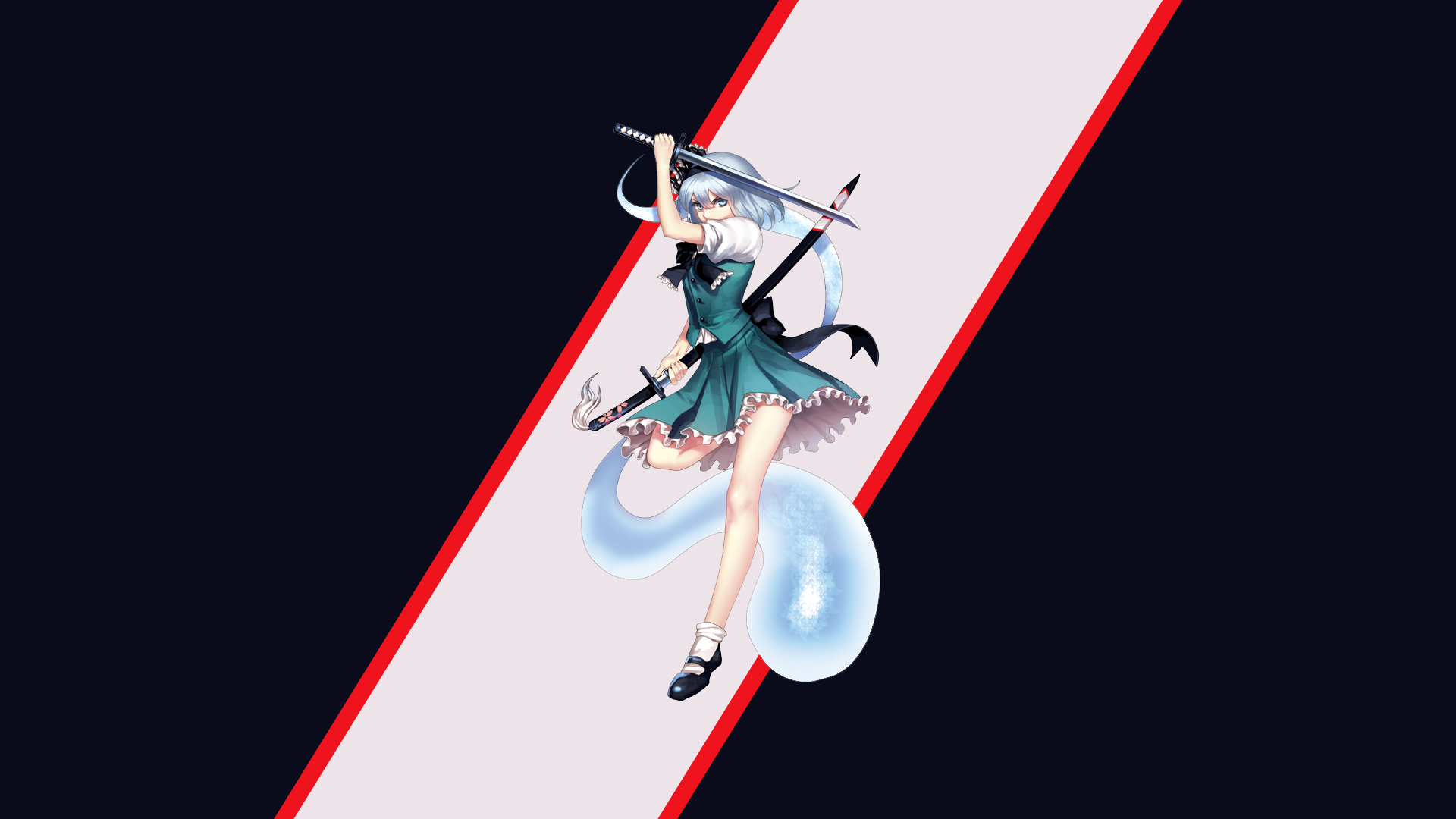 Anime 1920x1080 Touhou anime girls Konpaku Youmu weapon sword ghost simple background dress short hair silver hair blue eyes hair bows