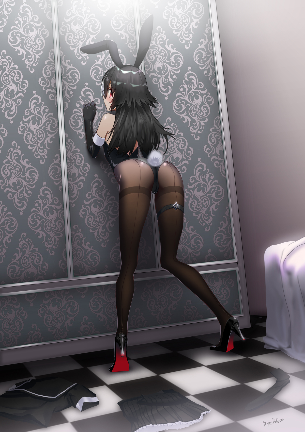Anime 1240x1754 anime anime girls digital art artwork portrait display 2D pantyhose bent over chess floor bunny girl looking back ass bunny suit black hair
