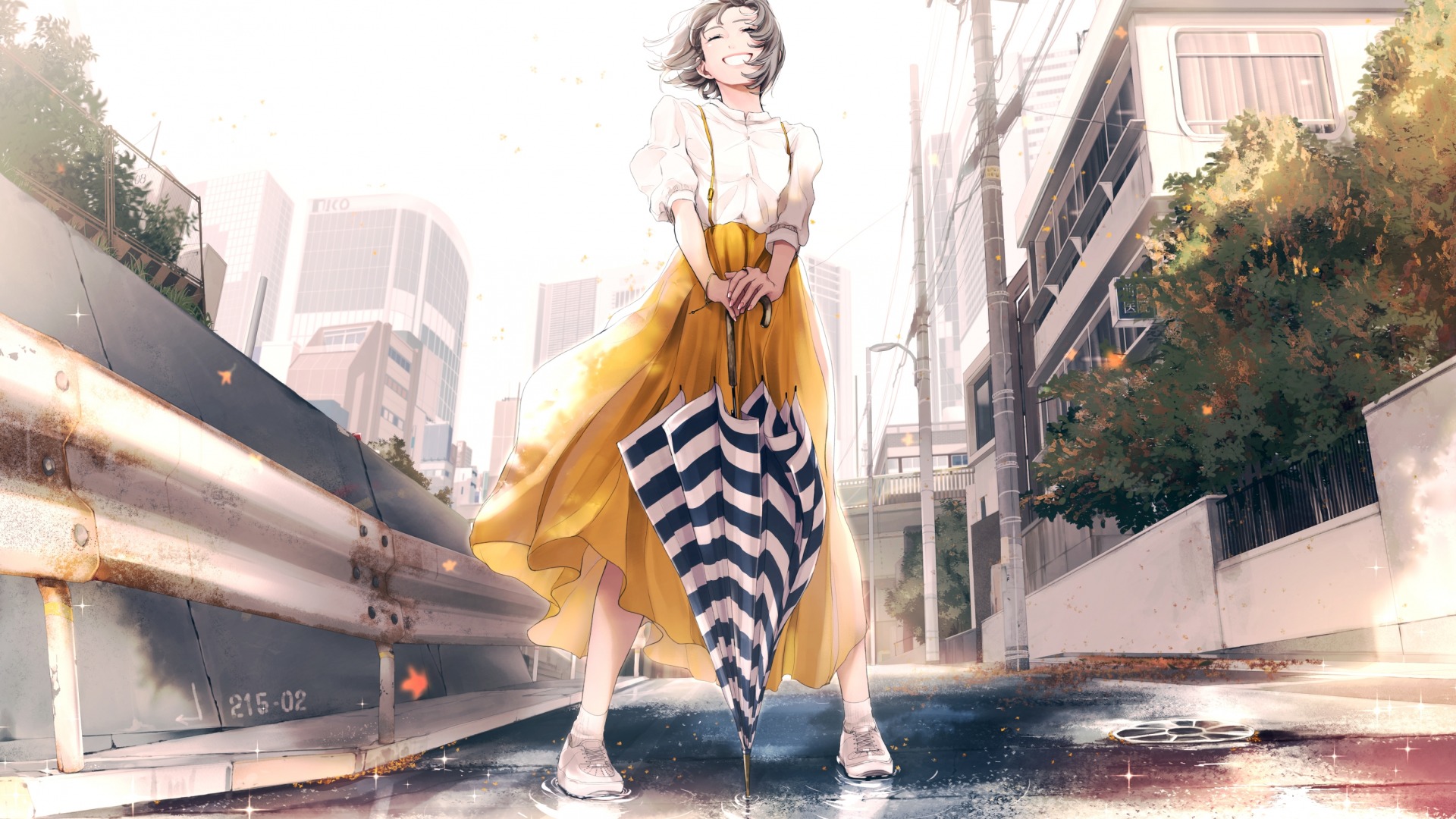 Anime 1920x1080 anime landscape city sky umbrella smiling short hair Maeda Mic