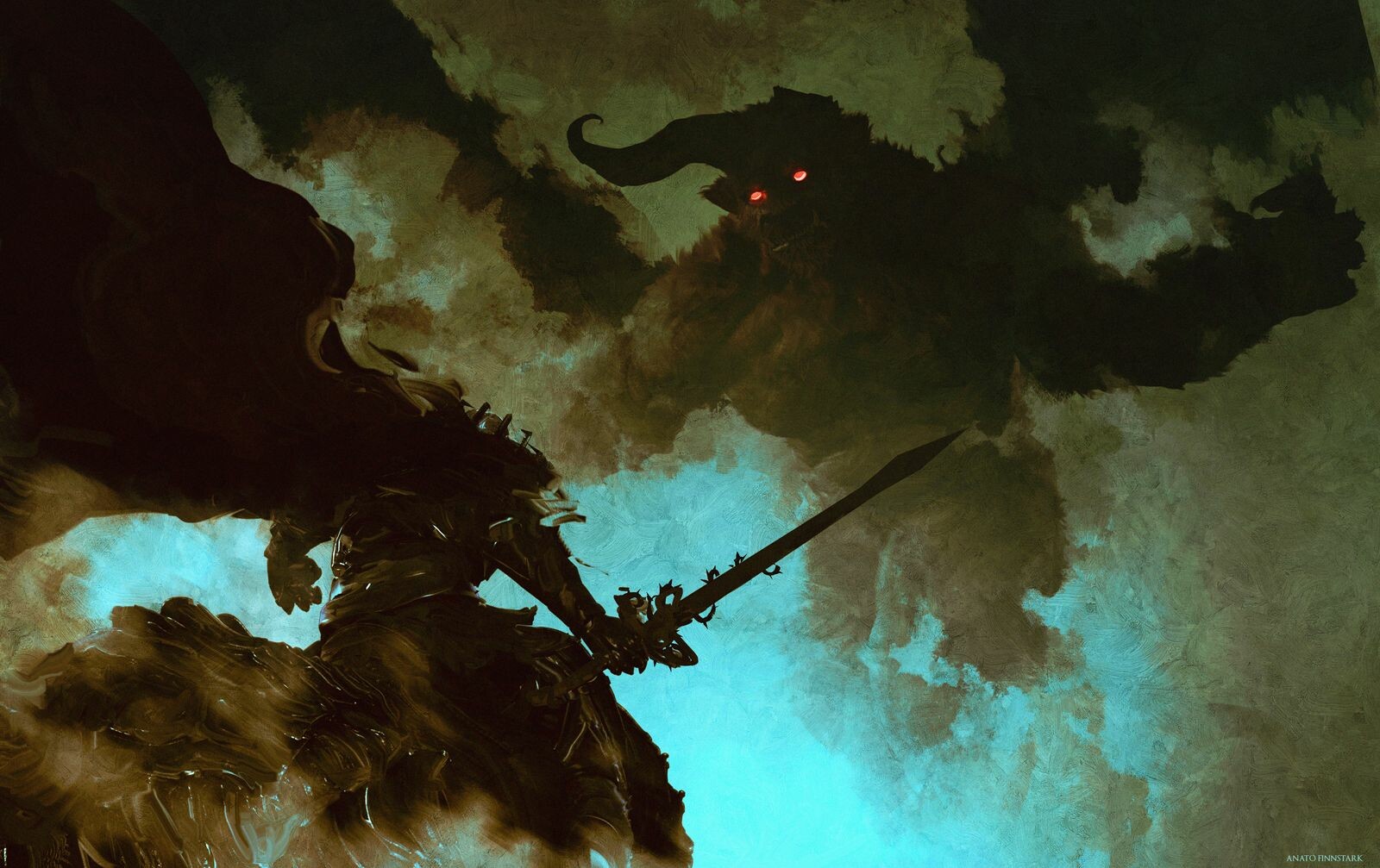 General 1600x1007 fantasy art Berserk demon sword cyan red eyes Nosferatu Zodd Skull Knight