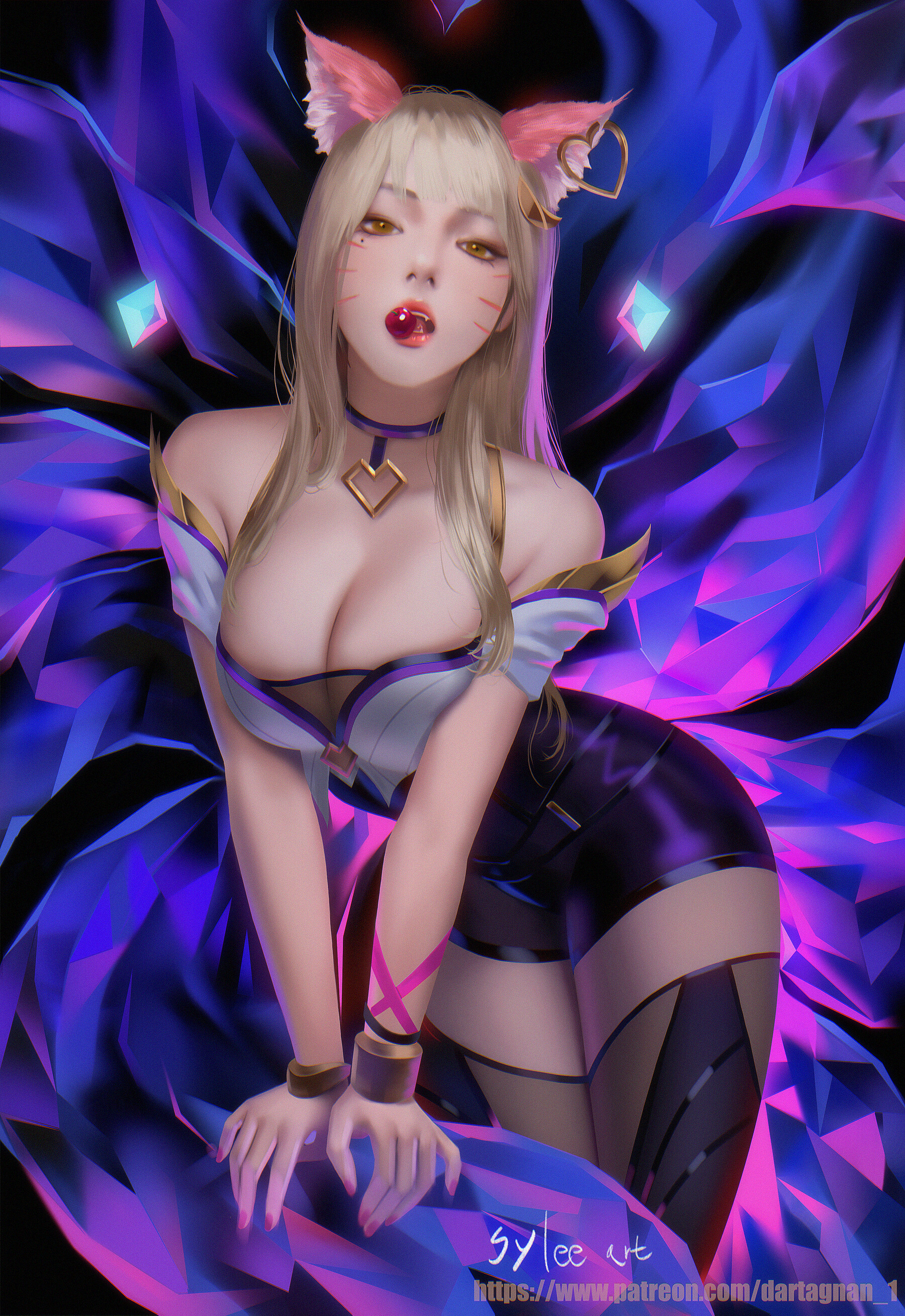 Anime 1800x2617 Seungyoon Lee Ahri (League of Legends) League of Legends nine tails fox ears fox girl drawing blonde women choker heart dress cleavage purple gems bracelets bare shoulders food cherries face paint yellow eyes looking at viewer open mouth
