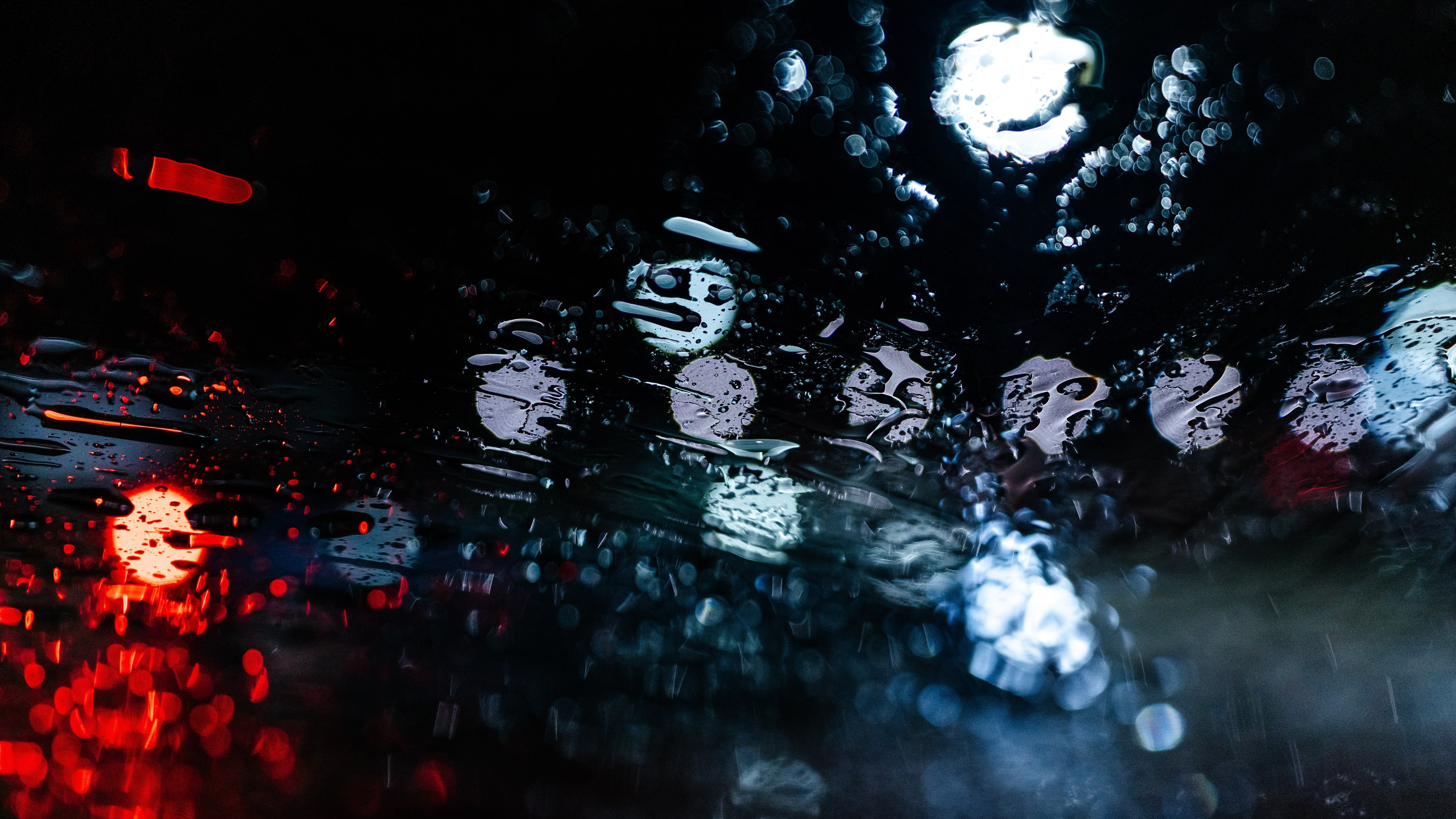 General 3840x2160 rain night water drops lights bokeh reflection dark water on glass red car
