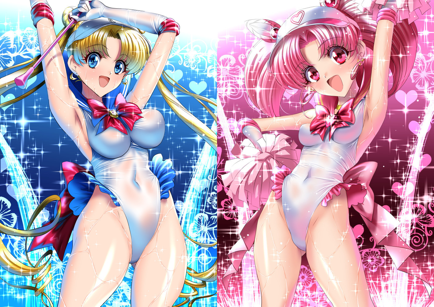 Anime 1414x1000 Sailor Moon leotard cheerleaders anime anime girls wet sweaty body arms up Tsukino Usagi Chibi-Usagi looking at viewer two women one arm up armpits open mouth wet body earring