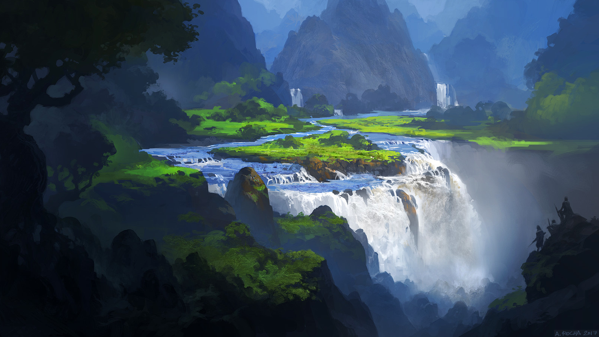 General 1920x1080 Andreas Rocha artwork digital art landscape waterfall forest mountains trees 2017 (Year) nature