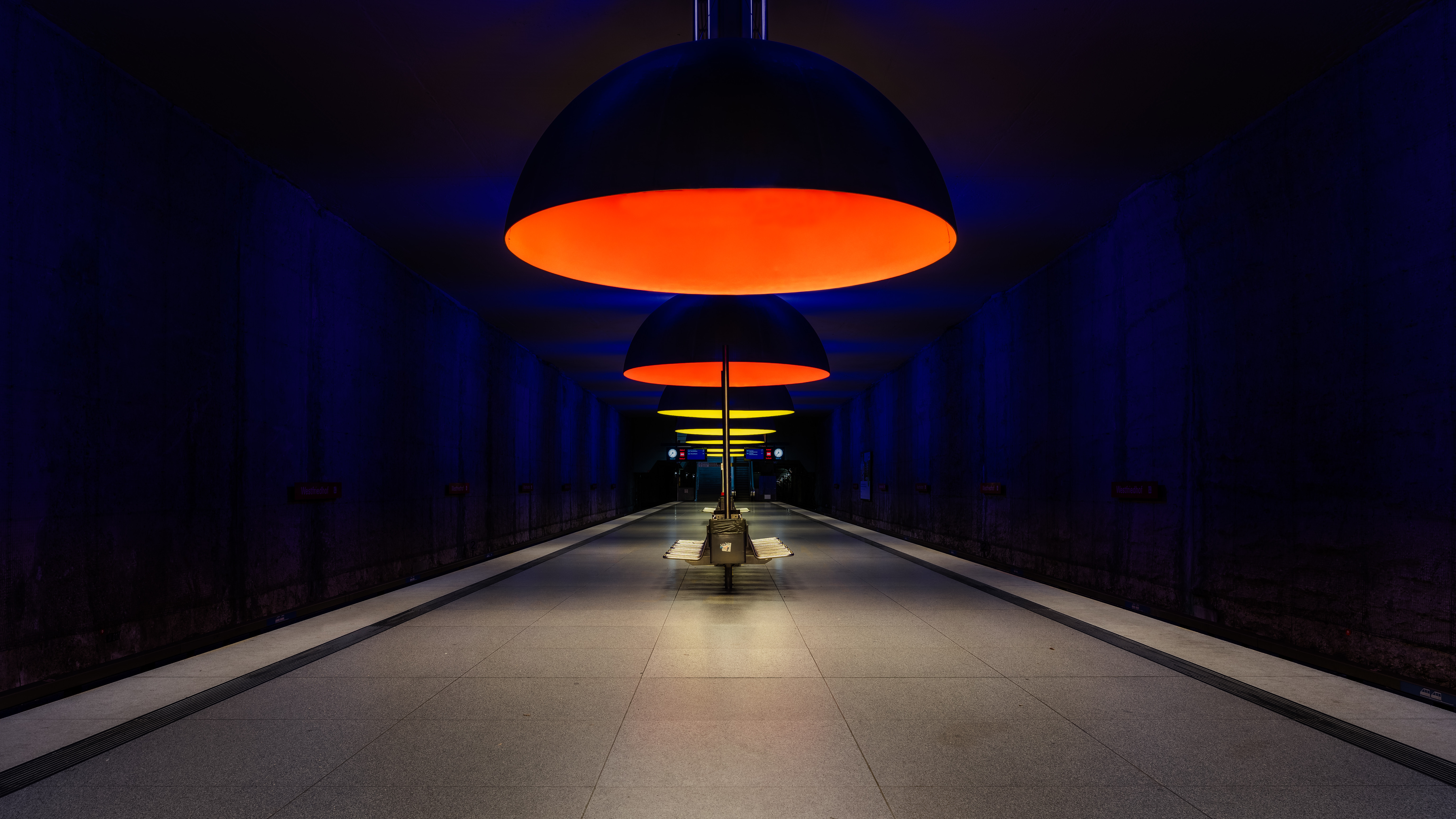 General 6144x3456 Munich Bavaria Westfriedhof architecture underground platform lights symmetry blue orange low light