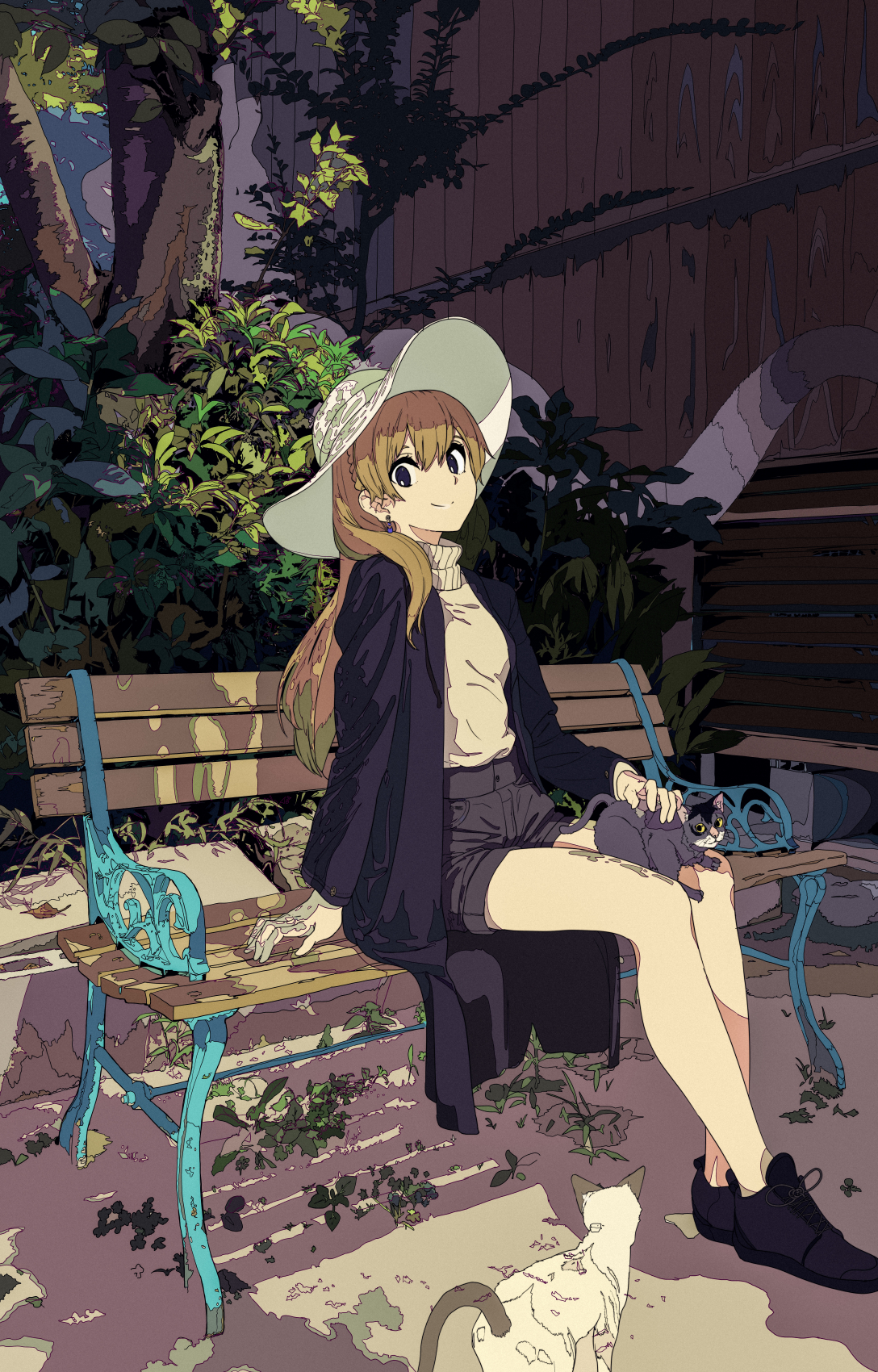 Anime 1088x1700 anime anime girls blonde cats bench dark hair Cogecha sitting portrait display looking at viewer smiling hat women with hats hair between eyes leaves animals trench coat long hair turtlenecks