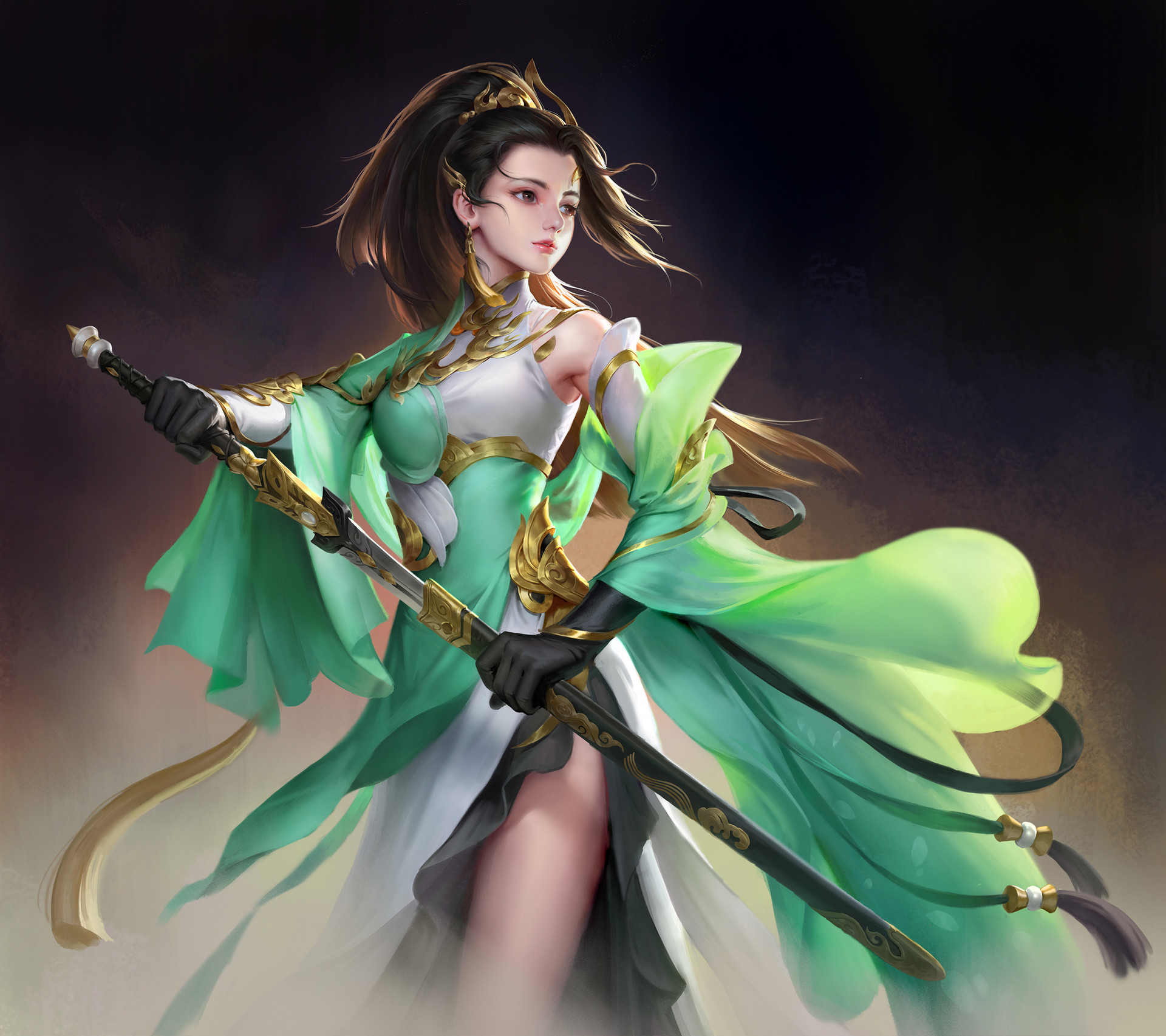 General 1920x1706 fantasy girl fantasy art simple background dark hair Wenfei Ye