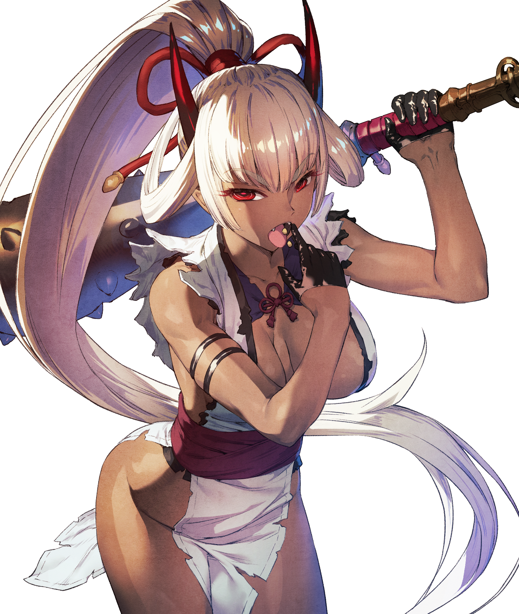 Anime 1690x2000 anime girls anime original characters Chyko weapon clubs dark skin horns red eyes silver hair ponytail torn clothes nopan no bra