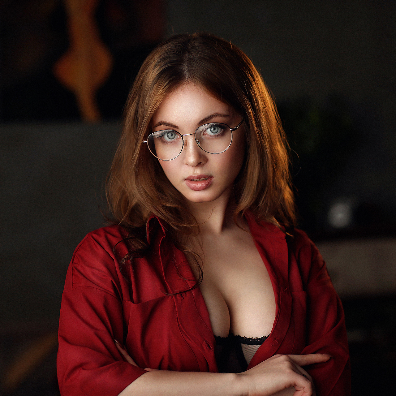 People 1280x1280 Dmitry Arhar women brunette long hair blue eyes glasses looking at viewer makeup shirt red clothing open clothes lingerie lace bra women with glasses Elena Alenskaya portrait display