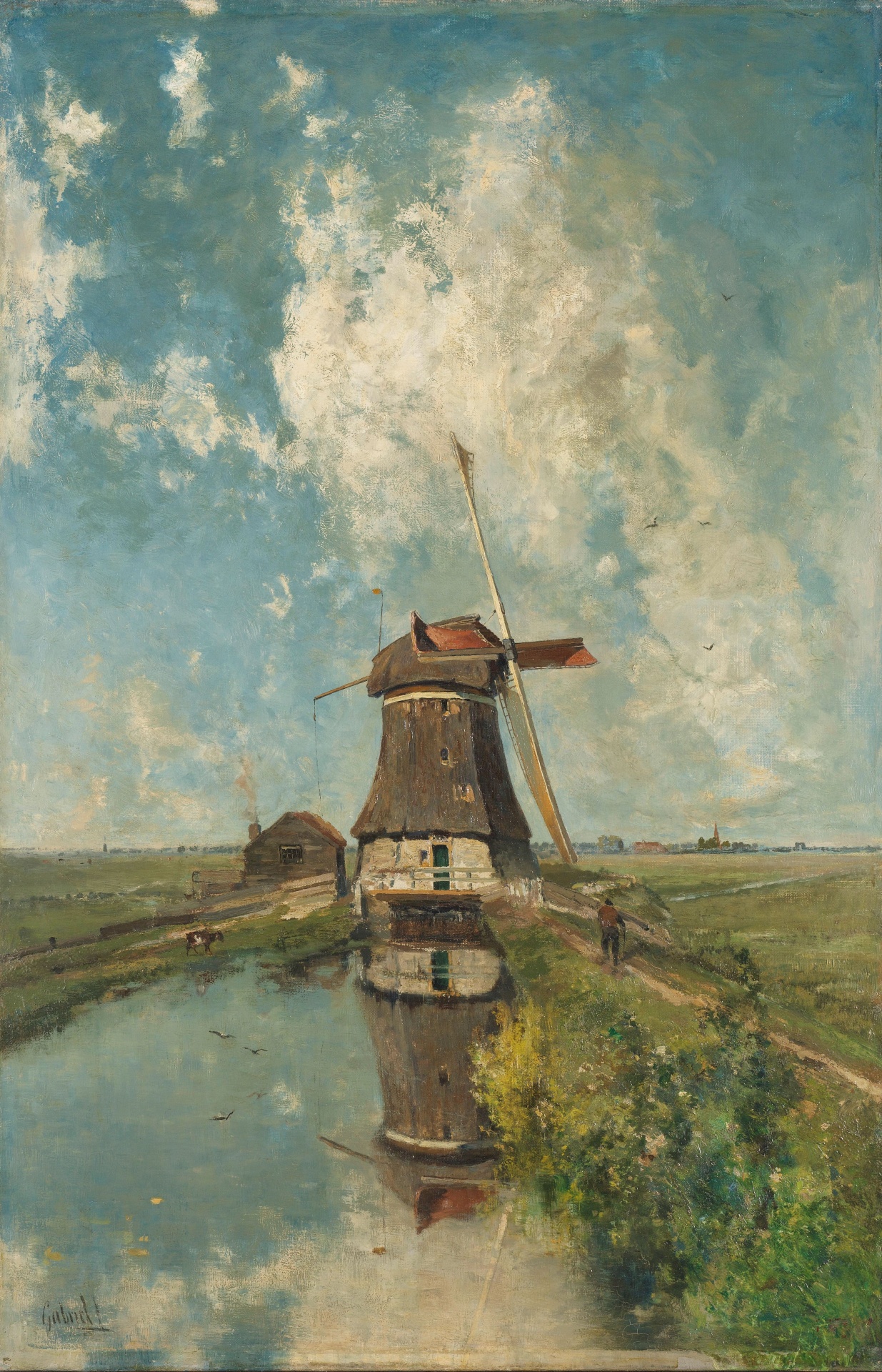 General 1235x1920 painting brush strokes windmill landscape clouds sky water cow