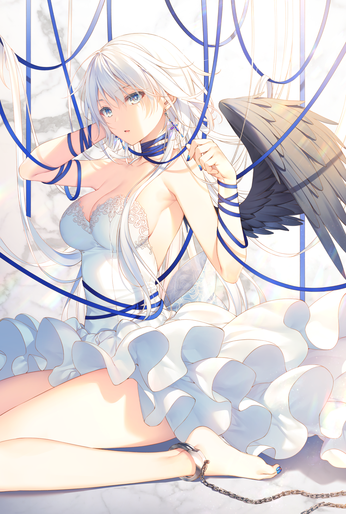 Anime 1128x1673 anime anime girls digital art artwork 2D portrait display Toosaka Asagi white hair blue eyes wings dress bare shoulders barefoot cleavage kneeling