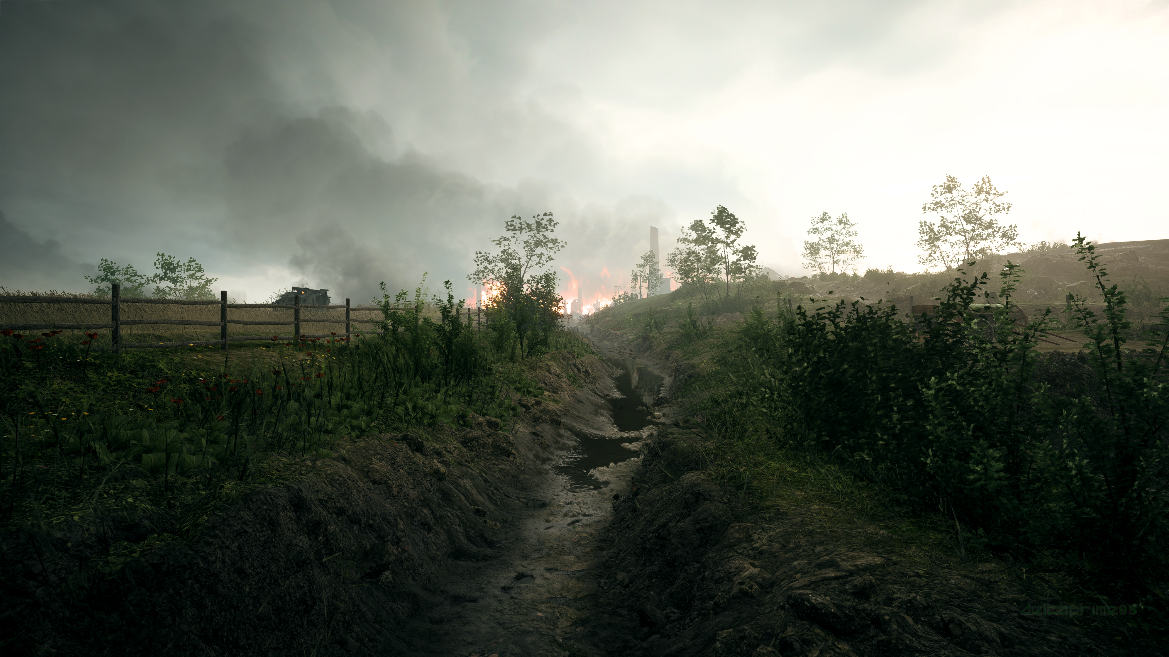 General 3840x2160 PC gaming screen shot World War I River Somme France Battlefield 1 trenches field destruction overcast Mark I British mud fire smoke water