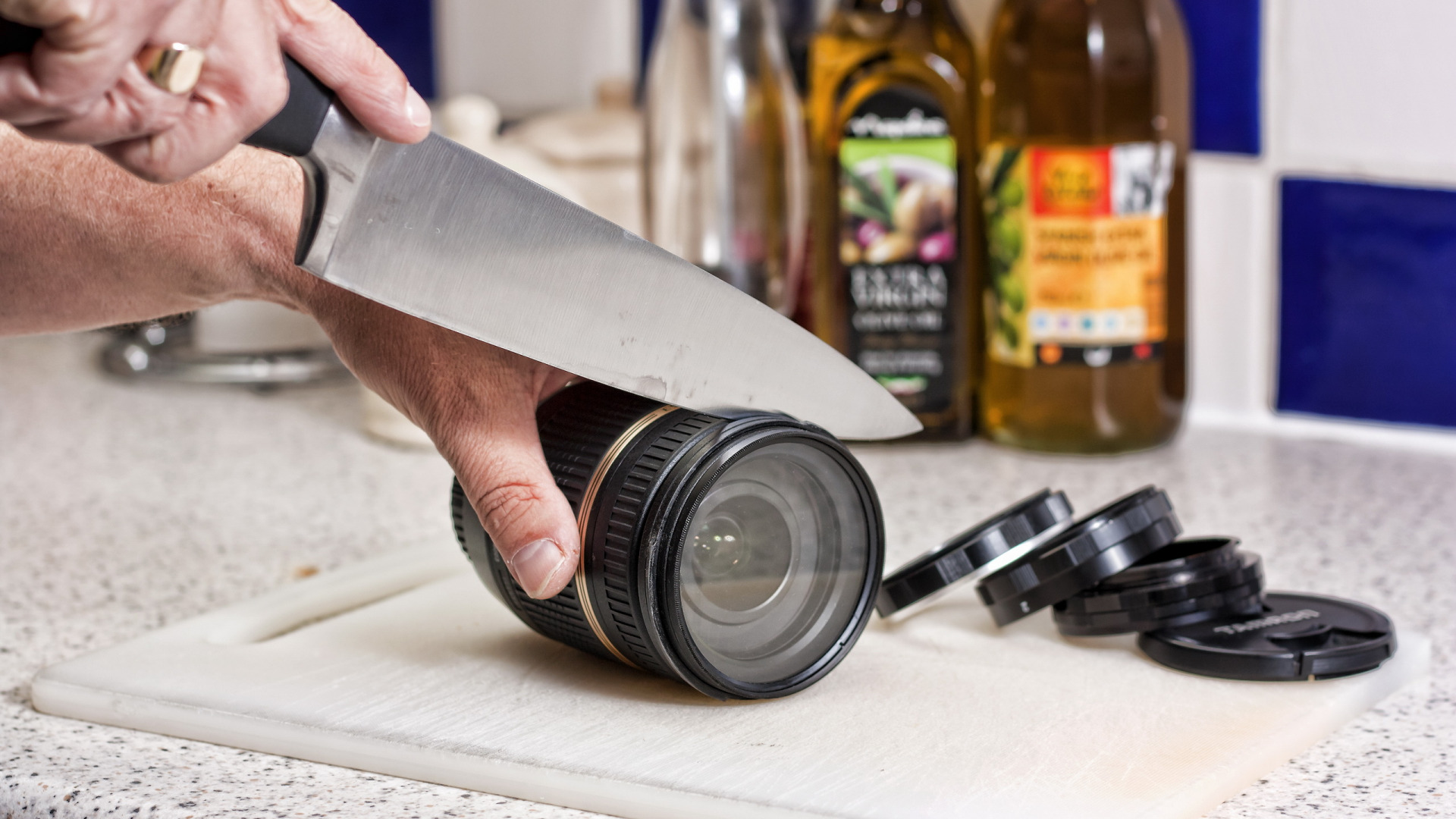 General 1920x1080 knife cutting board lens hands bottles humor depth of field fingers table photography
