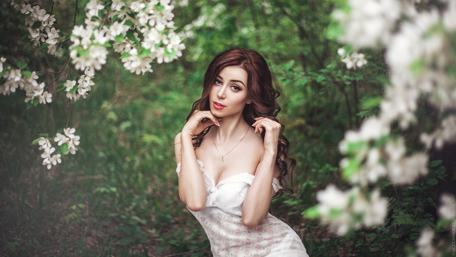 People 1500x844 Alexander Kuznetsov women long hair wavy hair makeup red lipstick necklace flowers cleavage white clothing model women outdoors brunette