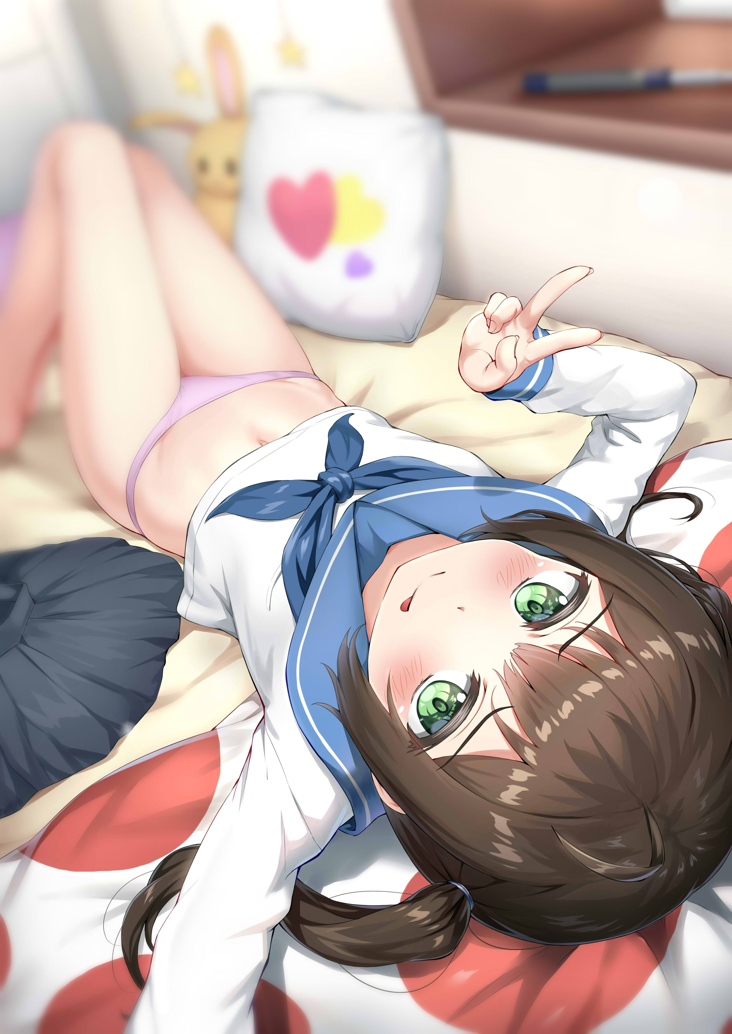 Anime 2507x3541 anime anime girls brunette green eyes school uniform loli in bed panties Nedia