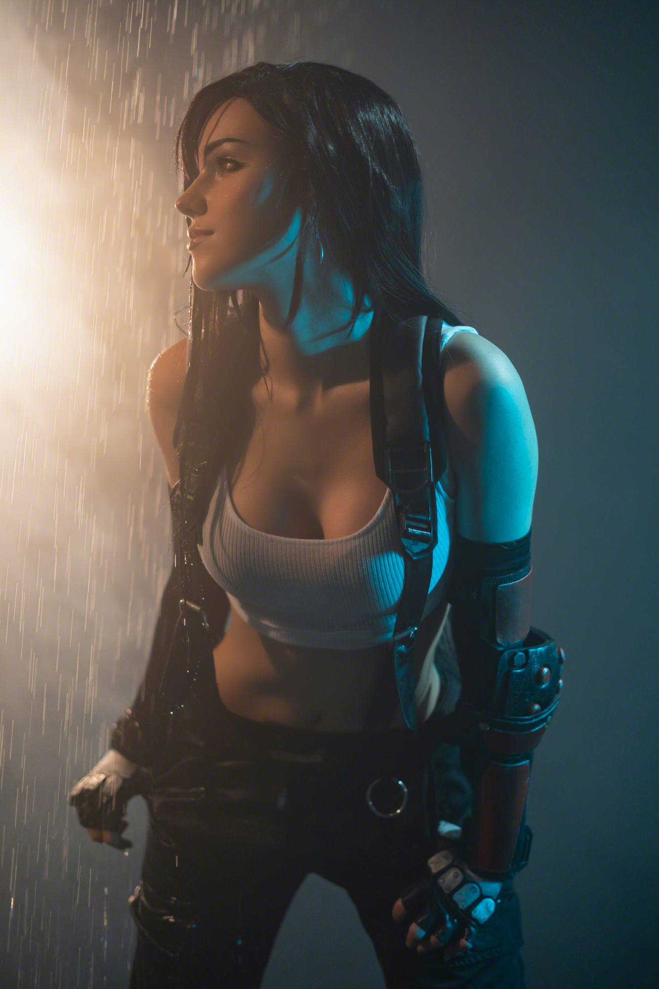People 1333x2000 women model cosplay Shirogane Sama Tifa Lockhart video games video game girls video game characters Final Fantasy Final Fantasy VII long hair black hair belly belly button water suspenders white tops cleavage looking away fingerless gloves wet body Final Fantasy VII: Remake