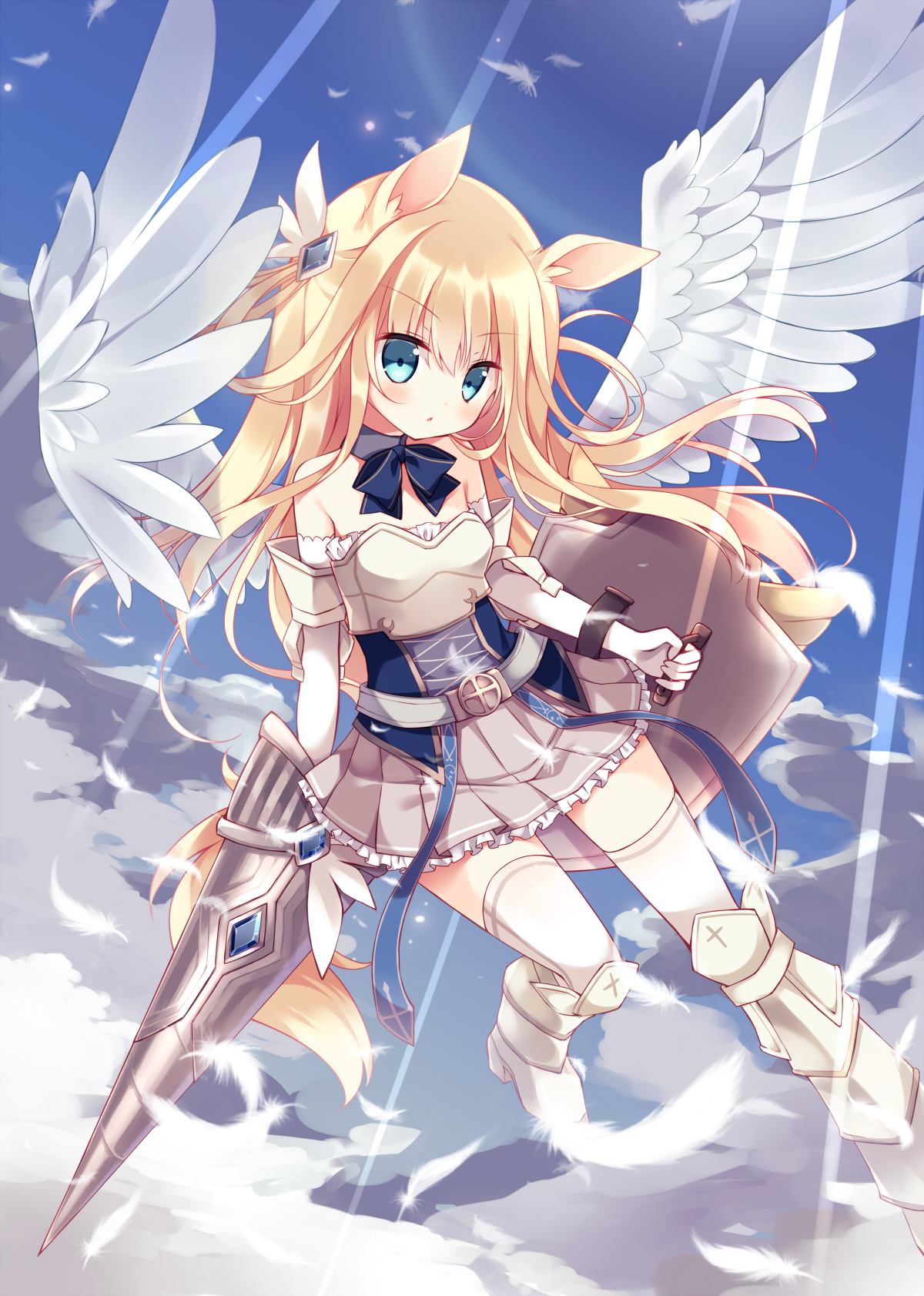 Anime 1200x1683 anime girls 2D artwork Hoshi blonde aqua eyes wings shield lance animal ears