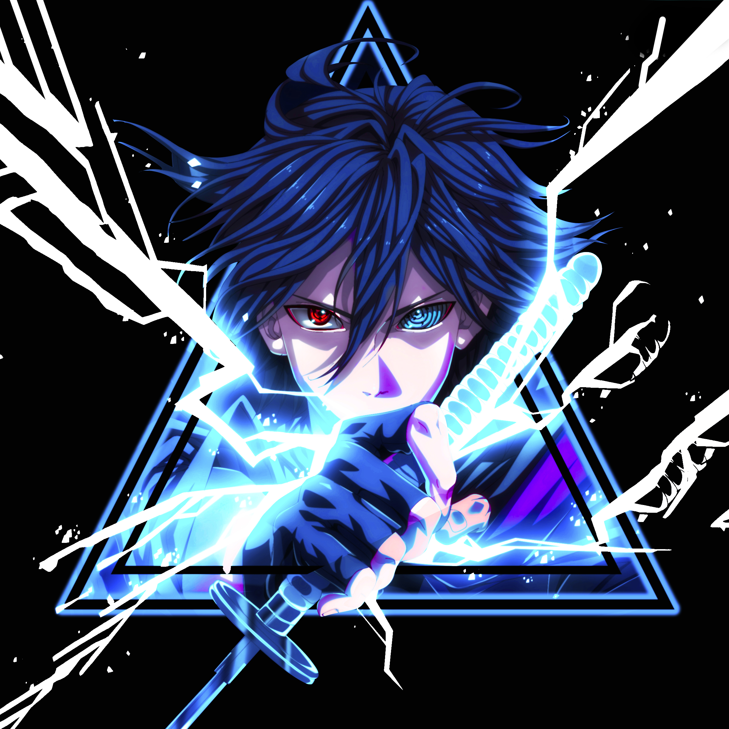 Anime 2444x2444 Uchiha clan Uchiha Sasuke digital art anime heterochromia looking at viewer blue hair sword triangle simple background black background