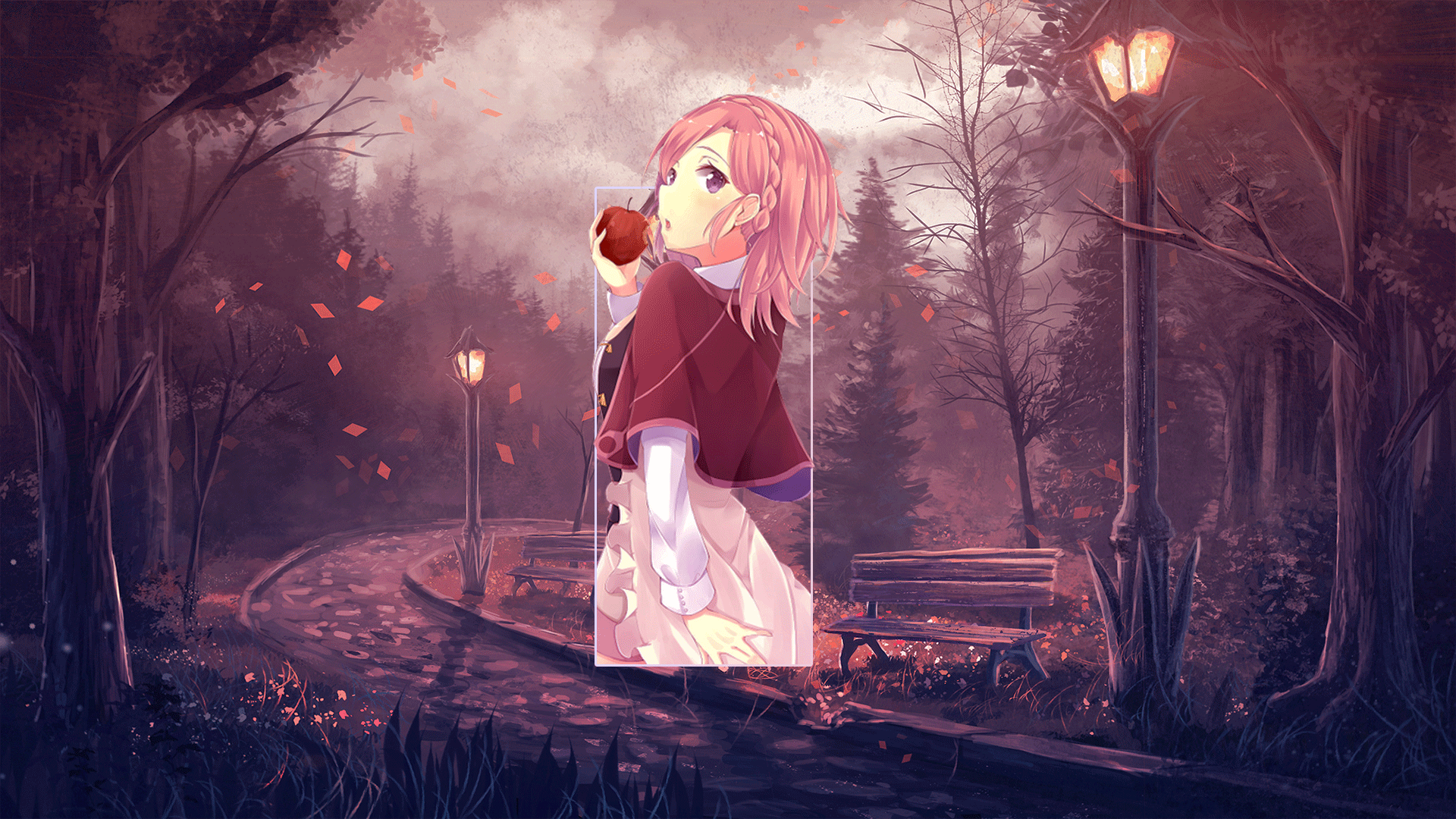 Anime 1920x1080 anime anime girls Apple a Caramel digital art picture-in-picture fall food fruit apples lantern trees bench redhead
