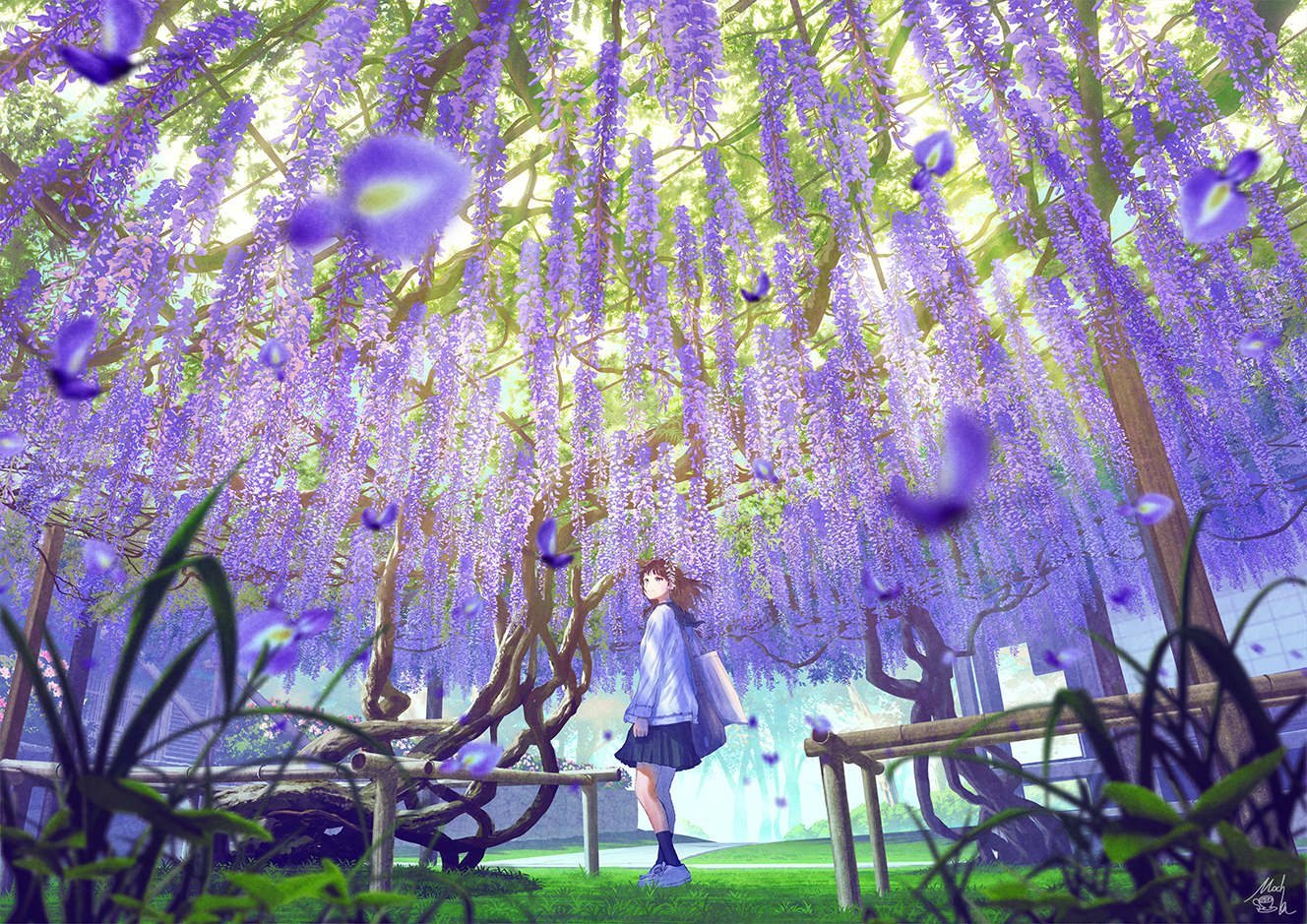 Anime 1328x939 portrait anime anime girls digital art artwork 2D flowers petals school uniform Mocha