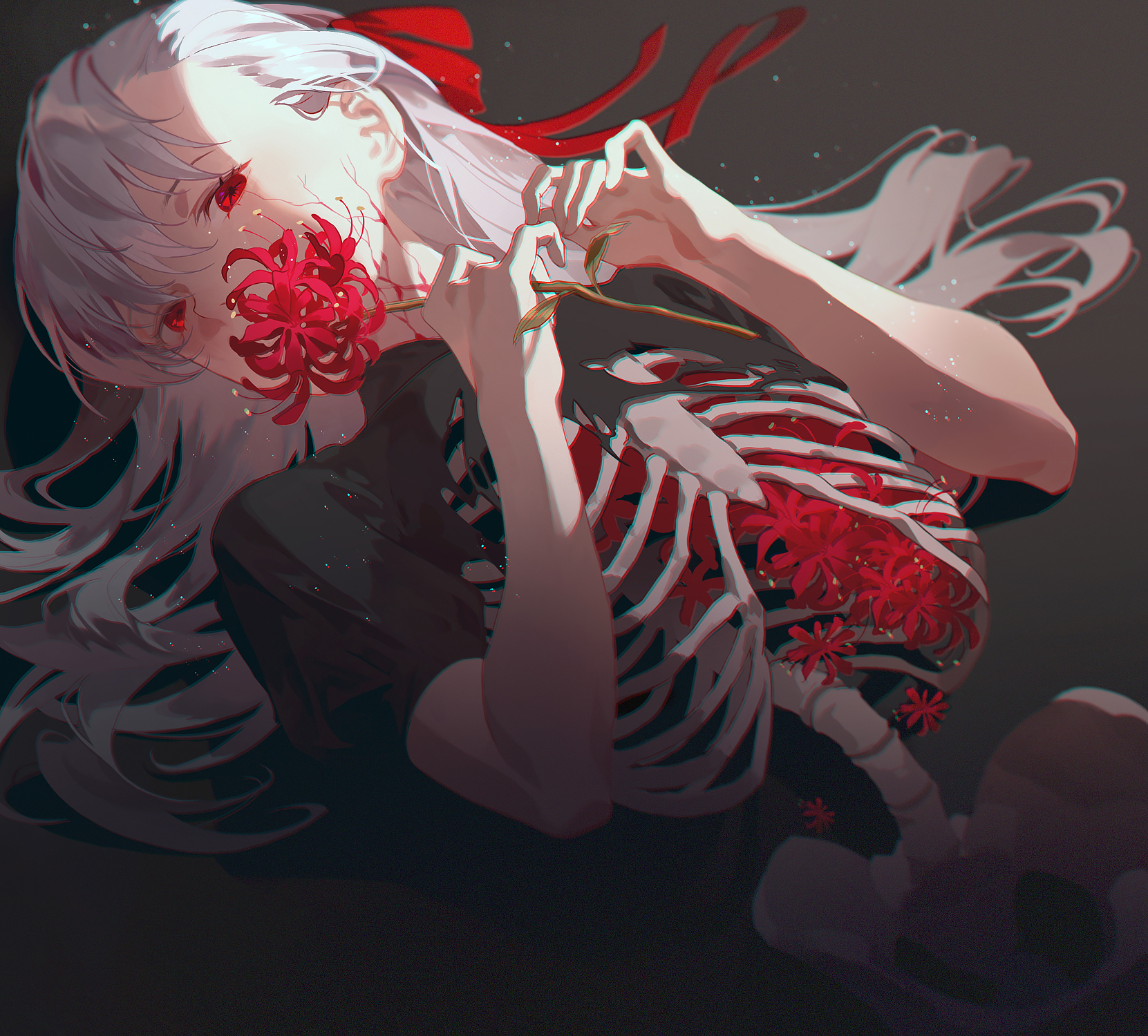 Anime 1661x1500 anime anime girls digital art artwork Fajyobore silver hair red eyes skeleton Fate series Matou Sakura Fate/Stay Night fate/stay night: heaven's feel red ribbon black dress covering mouth red flowers long hair spider lilies lying on back looking at viewer