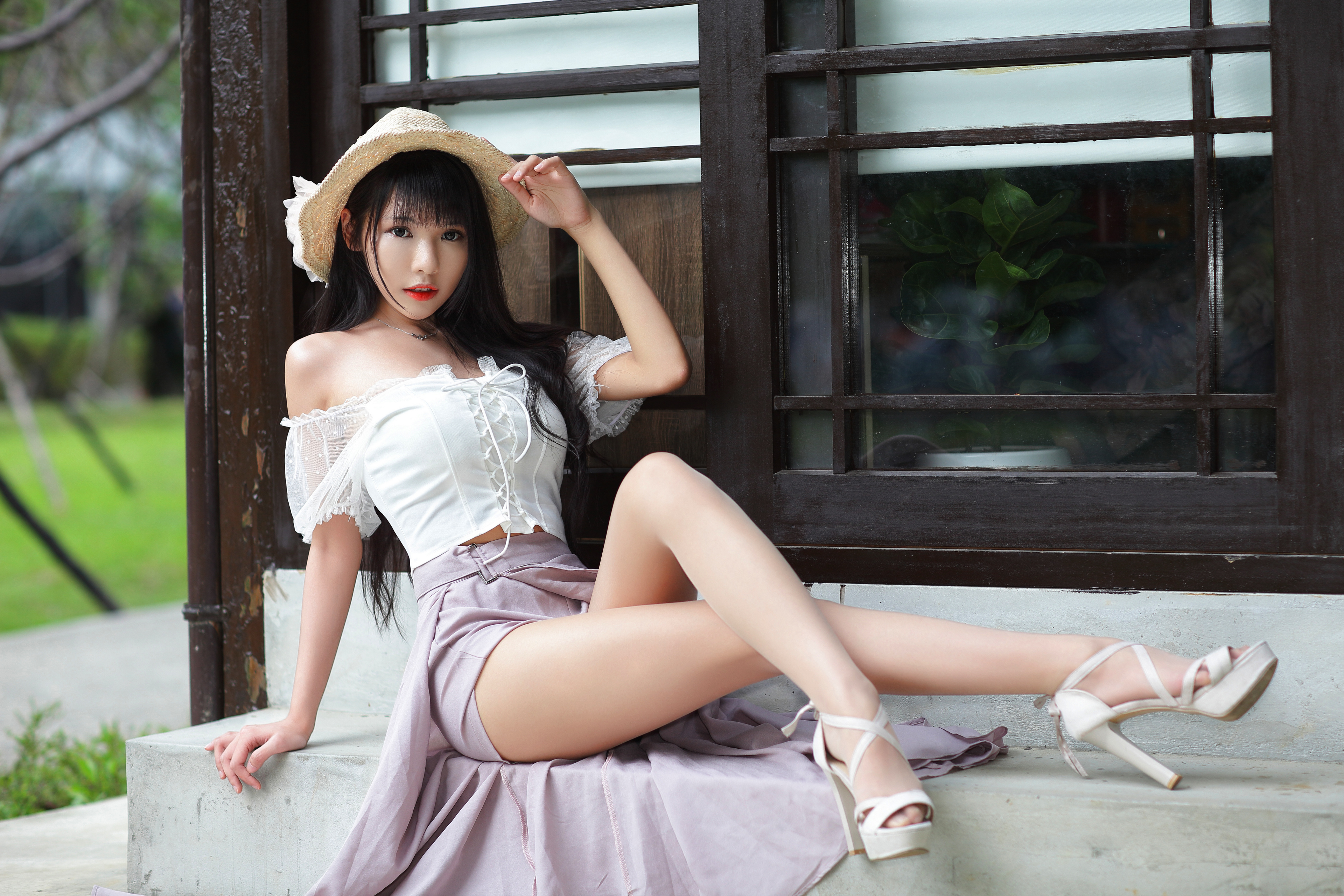 People 3840x2560 Asian women model brunette sitting white tops straw hat grass window Vicky (Asian model) legs heels black hair