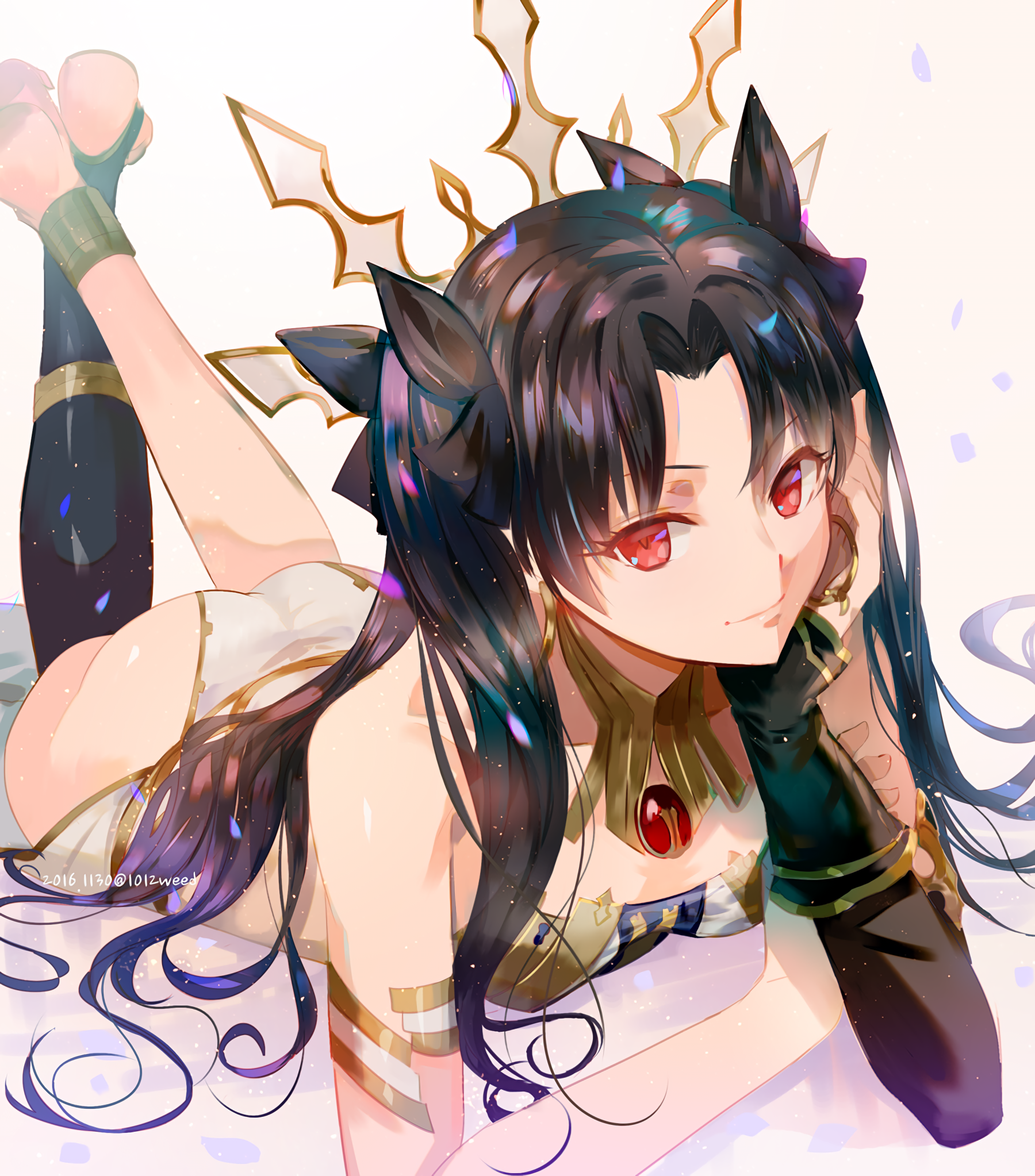 Anime 1800x2046 Fate series Fate/Grand Order anime girls long hair small boobs thighs cleavage twintails black hair looking at viewer black stockings Ishtar (Fate/Grand Order) red eyes fan art 2D barefoot feet in the air