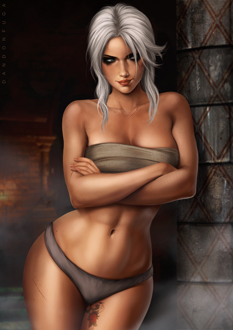 General 950x1343 Dandonfuga drawing women The Witcher Cirilla Fiona Elen Riannon silver hair looking away makeup freckles bandages panties lingerie tattoo scars sauna smiling video games video game girls fantasy art fantasy girl
