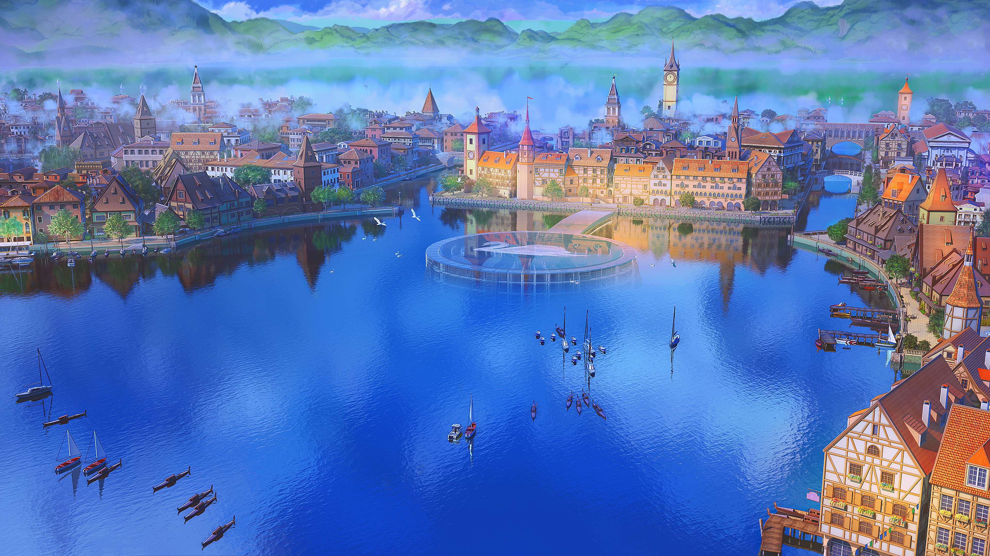 General 3840x2160 fantasy art digital art lake city town daylight water harbor boat artwork