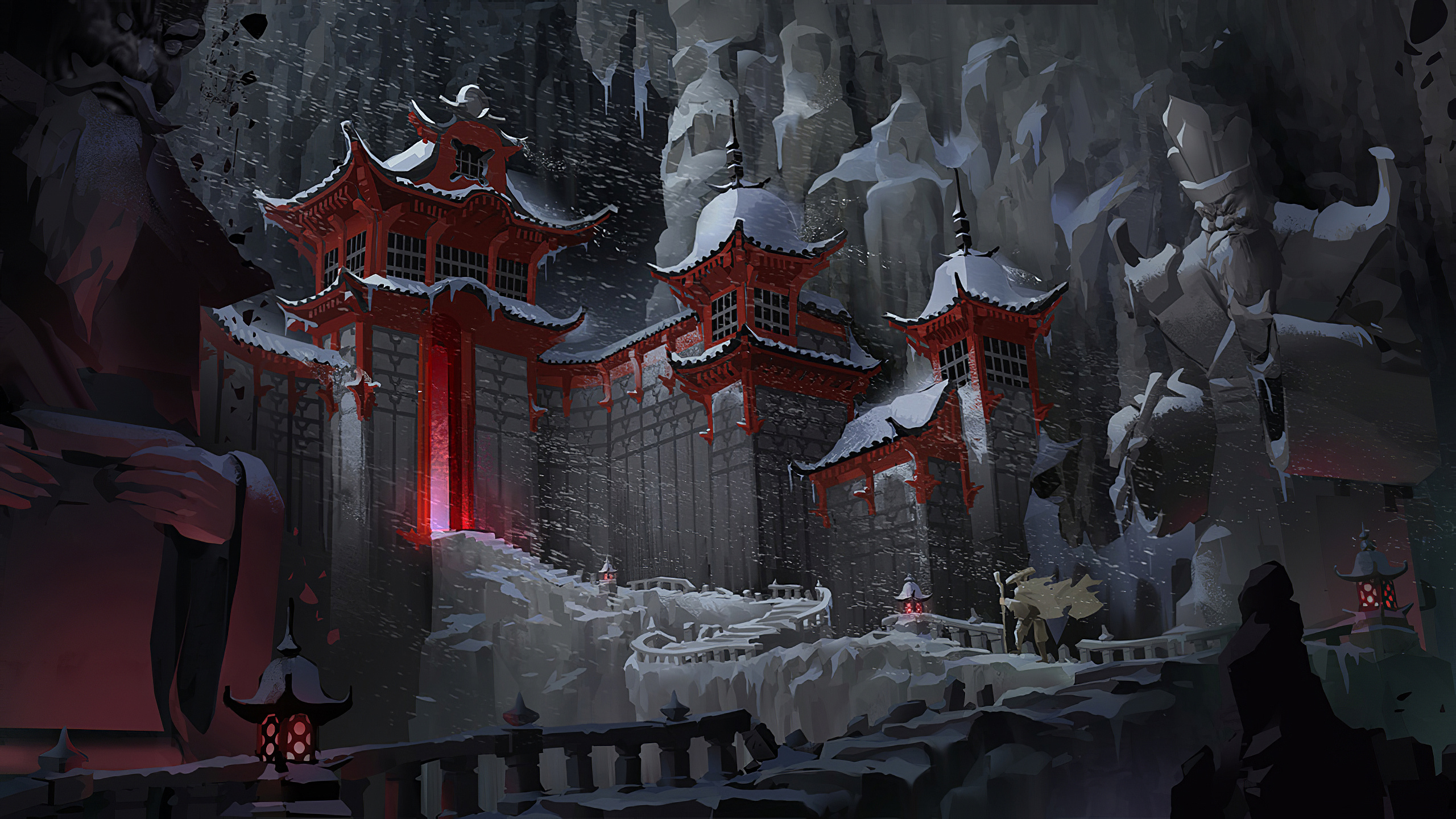 General 2560x1440 architecture digital art building cave cold winter concept art environment ice landscape snow stairs statue lantern structure Feudal Japan Japan fantasy architecture fantasy art town