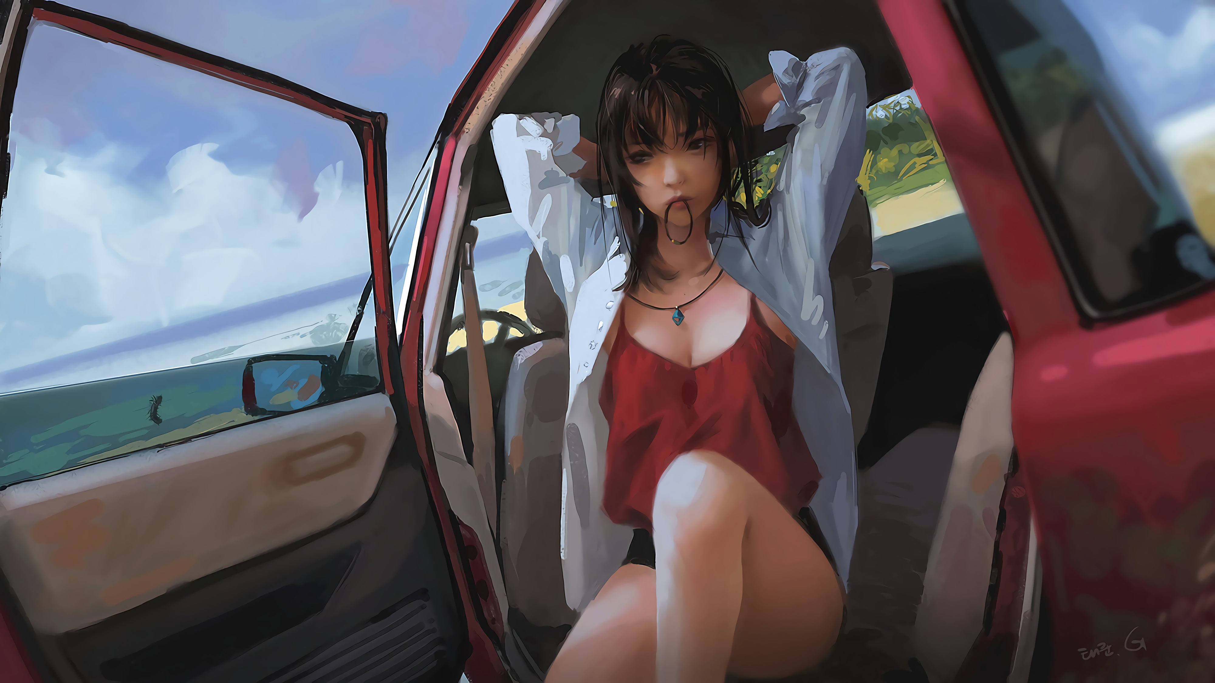 General 4000x2248 digital art artwork women brunette red shirt thighs beach car Taejune Kim long hair illustration anime girls anime