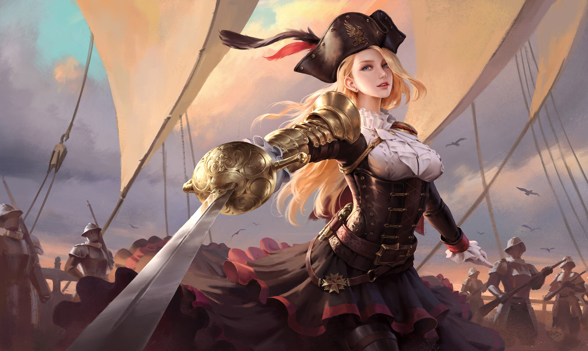 General 1920x1148 Wenfei Ye drawing pirate hat pirates women blonde long hair wind armor gold skirt weapon sword looking at viewer blue eyes low-angle