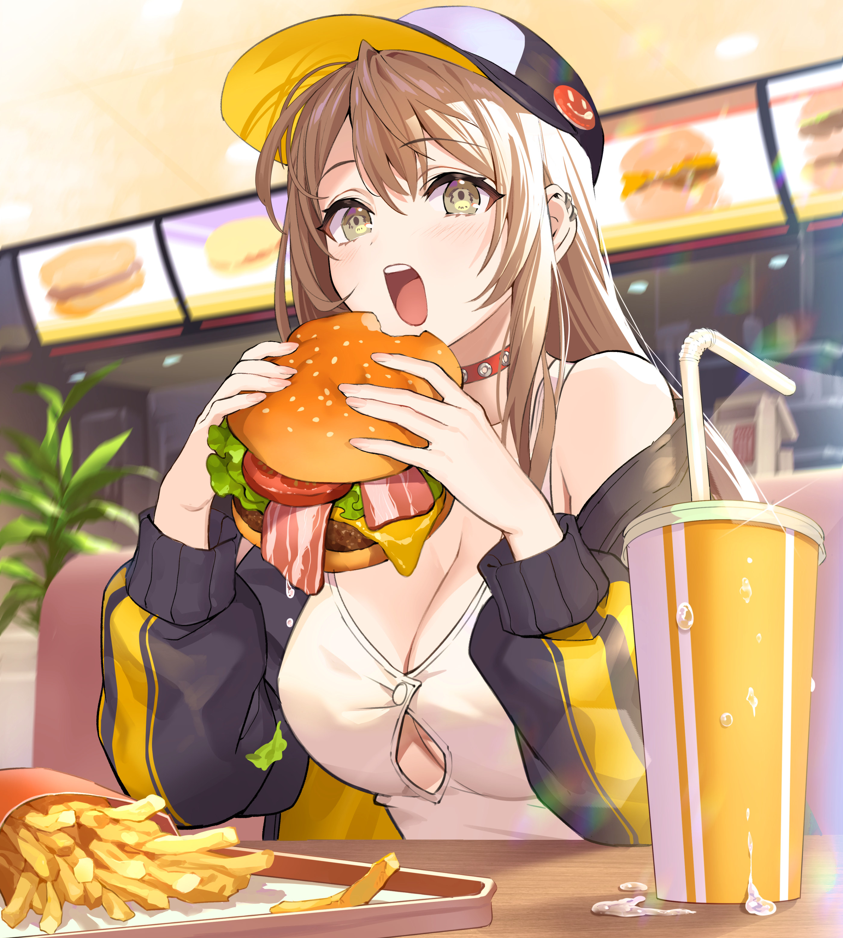 Anime 2800x3115 anime anime girls digital art artwork 2D portrait display anime girls eating big boobs open mouth burgers fries fast food cleavage baseball cap Teffish eating hat food drink looking at viewer
