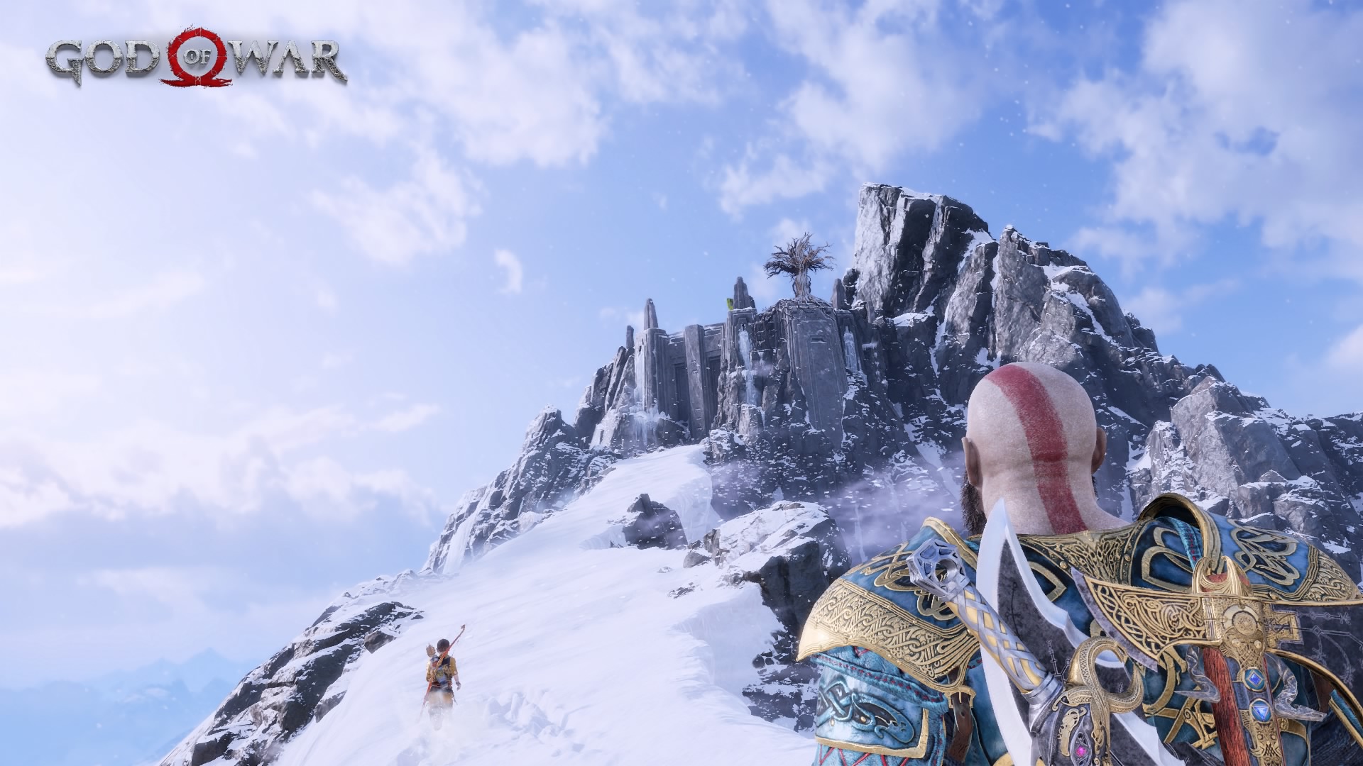 General 1920x1080 God of War video games Santa Monica Studio snow video game characters CGI video game art Kratos Atreus snow covered bald video game men video game boys weapon sky clouds armor