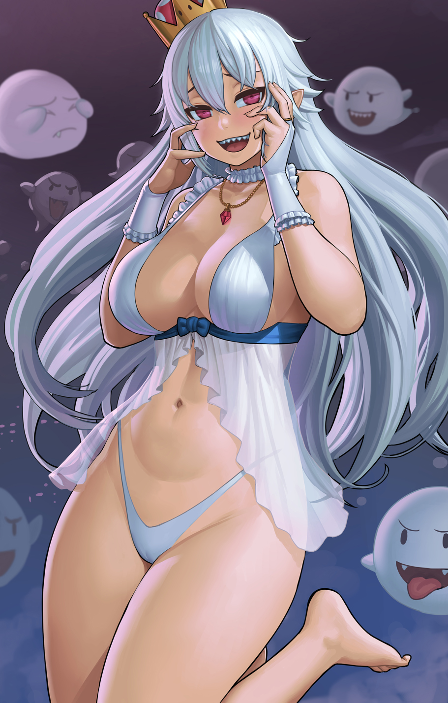 Anime 911x1428 Mario Bros. New Super Mario Bros. 2 anime girls long hair big boobs 2D thighs the gap gray hair pointy ears ghost open mouth looking at viewer portrait display blushing Luigi's Mansion Boo (Mario) white lingerie white panties cleavage belly button purple eyes barefoot crown Boosette Lasterk fan art no bra