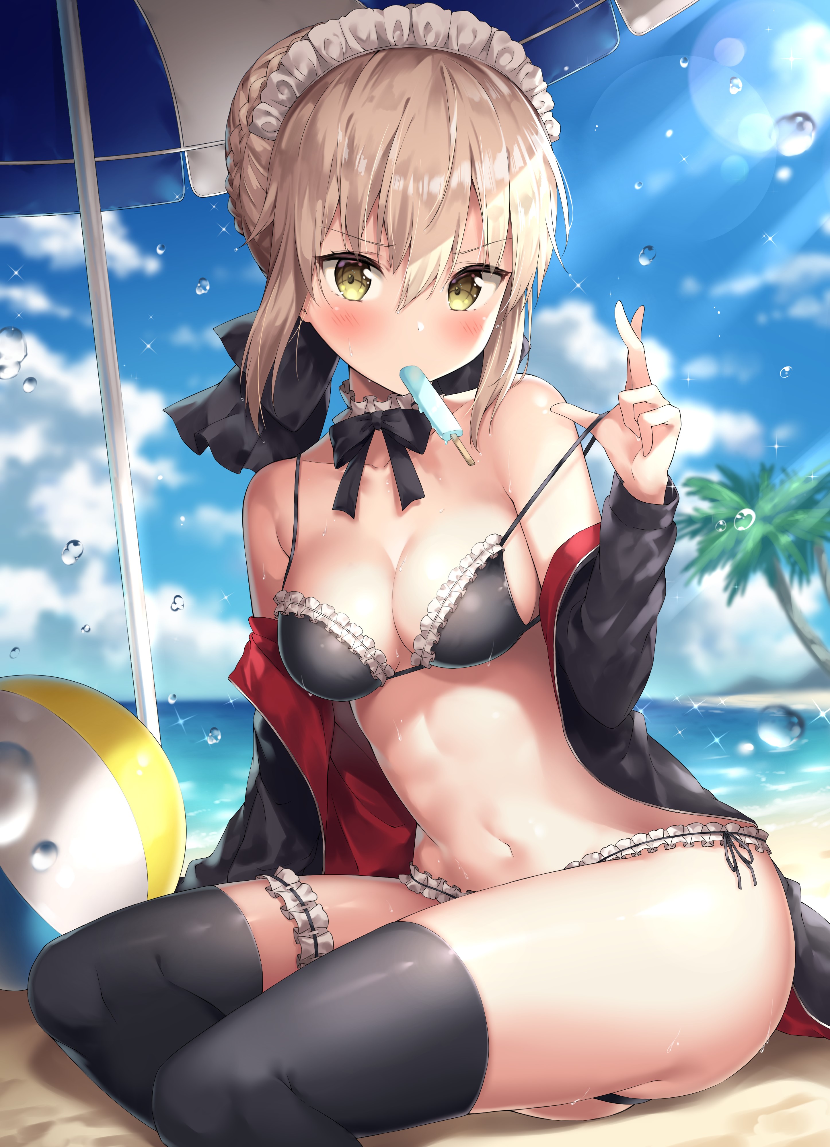 Anime 2894x4000 anime anime girls digital art artwork 2D portrait display Fate series yellow eyes blonde beach popsicle food sweets Ale Nqki Fate/Grand Order Artoria Pendragon Artoria Pendragon(Rider) thigh-highs open jacket maid outfit maid bikini pulling clothing cleavage palm trees ice cream parasol beach ball water drops boobs looking at viewer blushing
