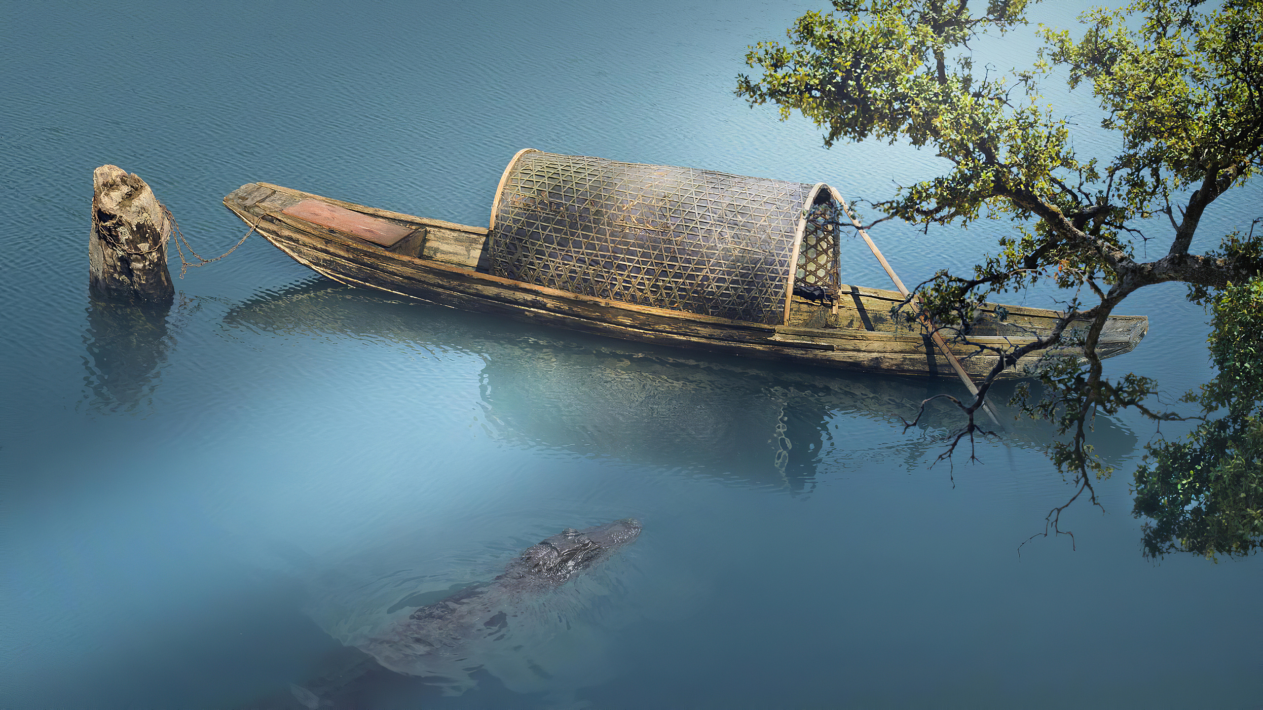 General 2560x1440 crocodiles water boat branch calm calm waters nature vehicle animals