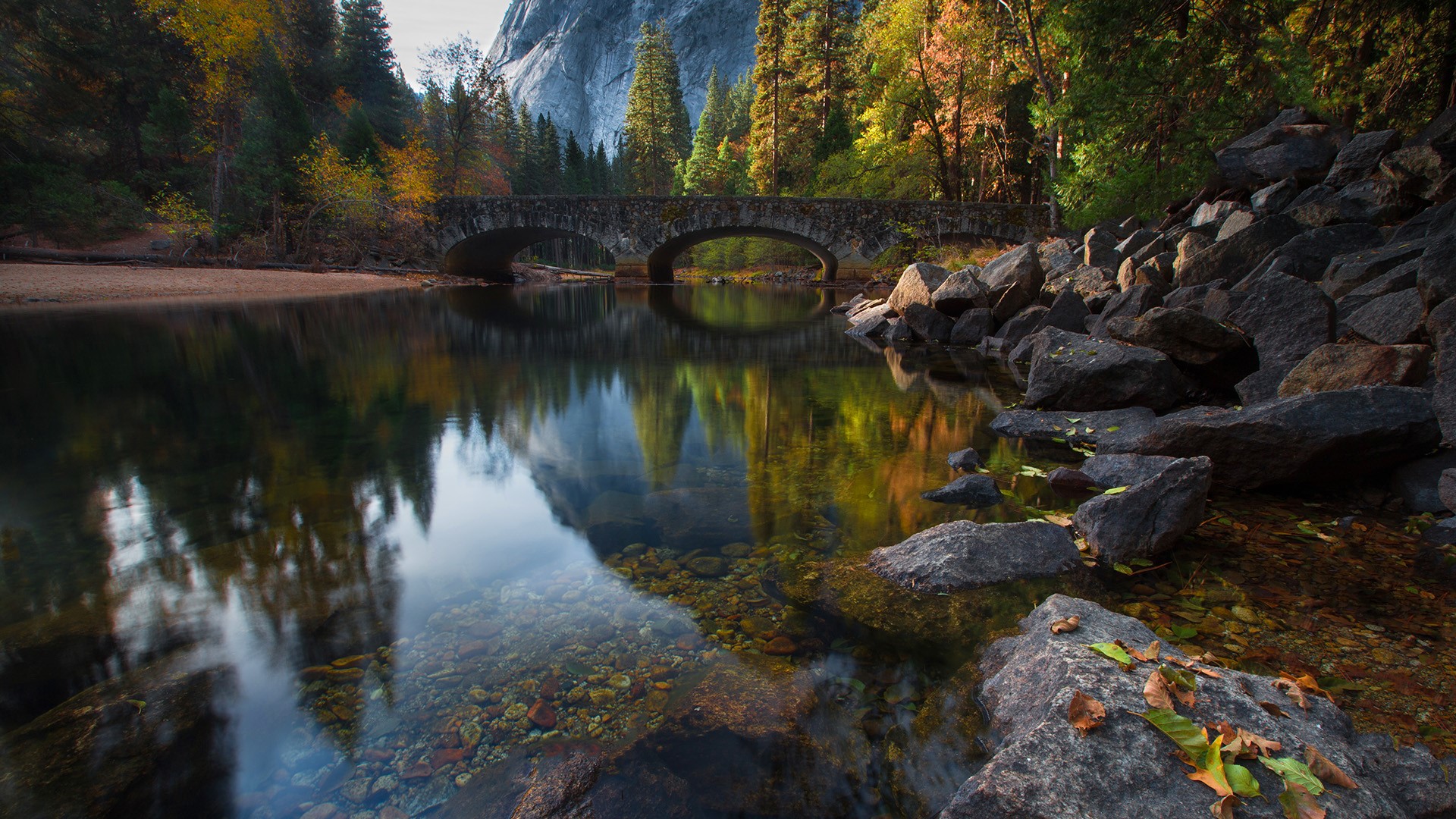 General 1920x1080 forest nature landscape bridge rocks reflection trees mountains clear water Yosemite National Park California USA river