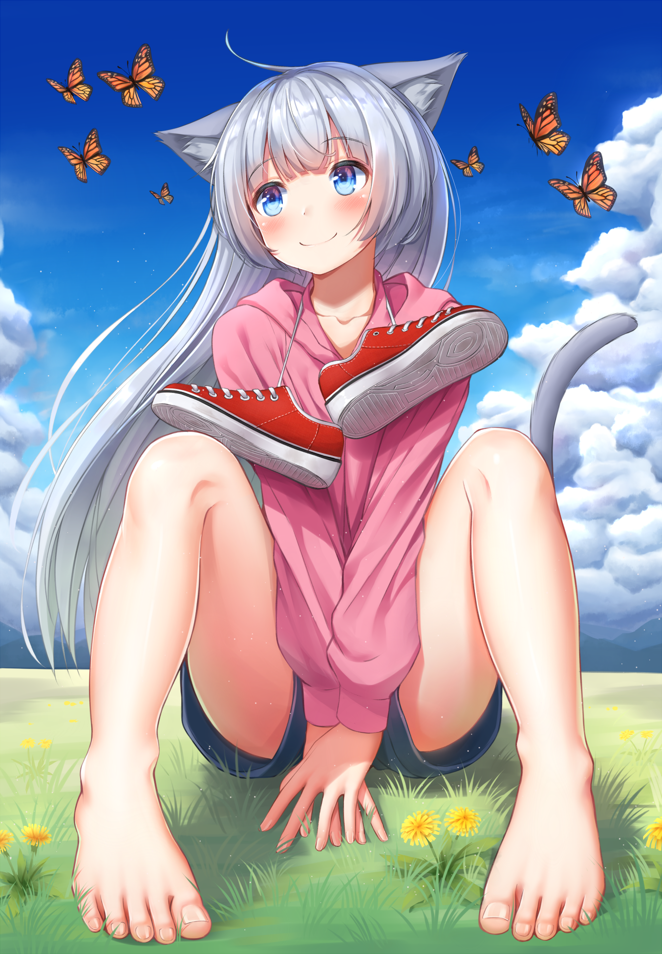 Anime 1355x1950 cat girl long hair sky clouds butterfly smiling blushing feet shorts shoes cat ears blue eyes looking away flowers nails tail barefoot legs grass superpig (wlstjqdla)