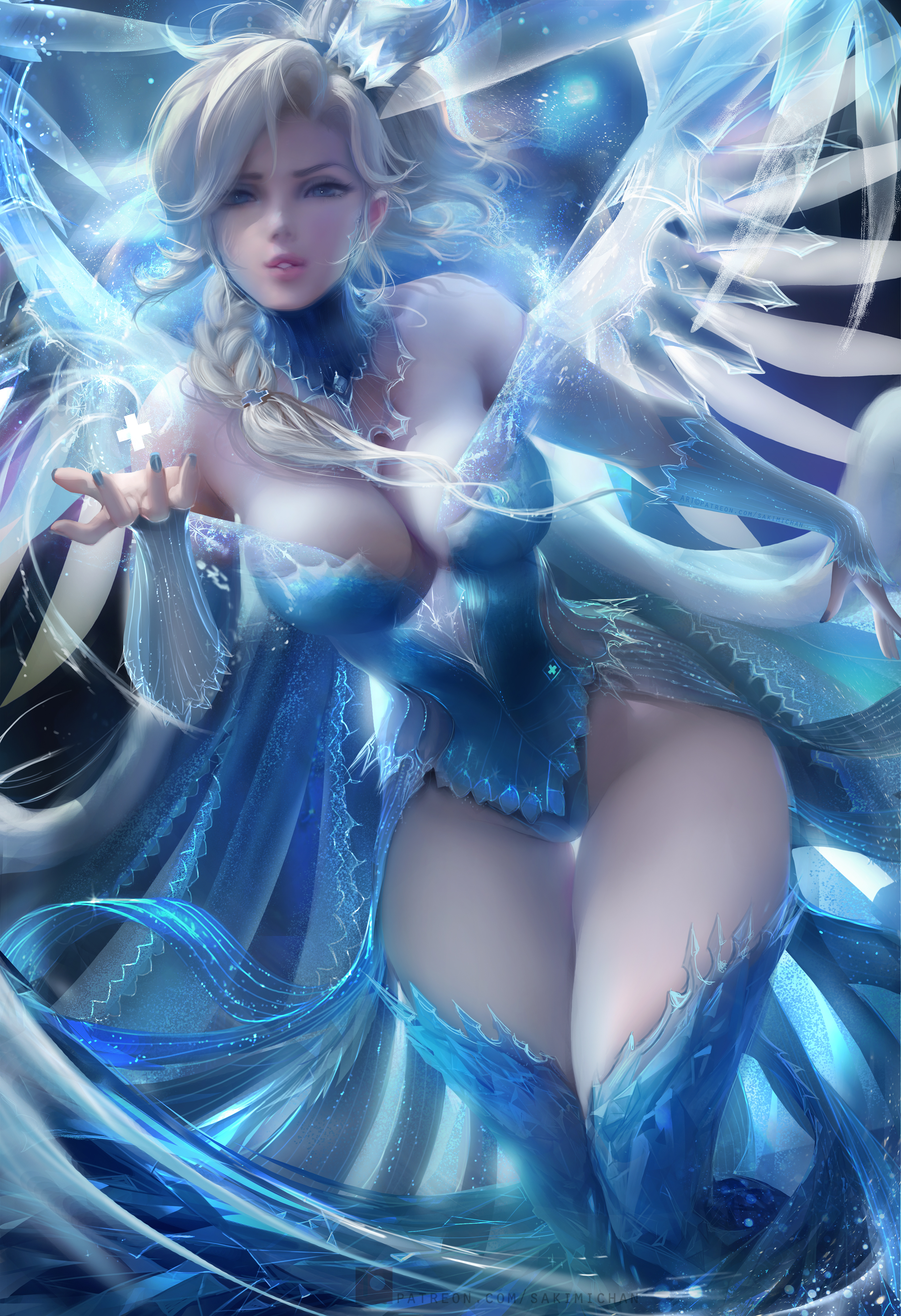 General 2532x3700 Mercy (Overwatch) Overwatch video games video game characters video game girls fantasy girl women braids cleavage bodysuit the gap thigh-highs wings curvy video game art fan art artwork digital art drawing Blizzard Entertainment Sakimichan